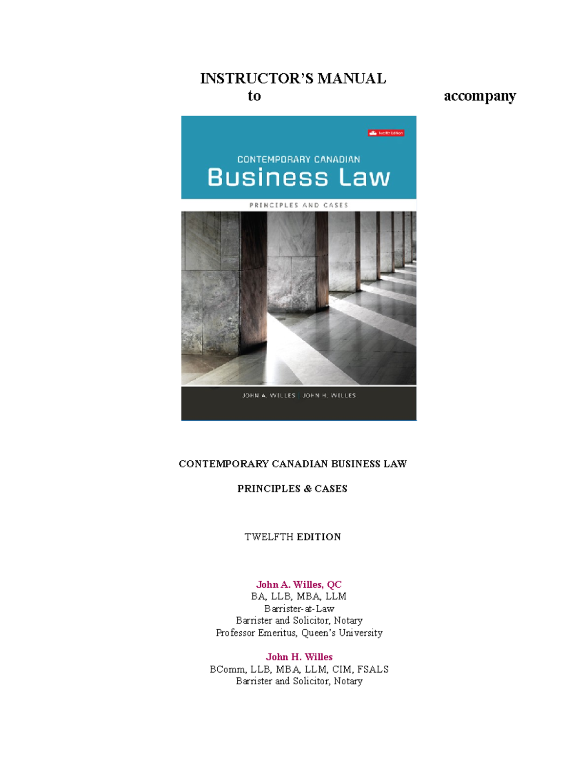 Manual To Contemporary Canadian Business Law Principles Cases Twelfth ...