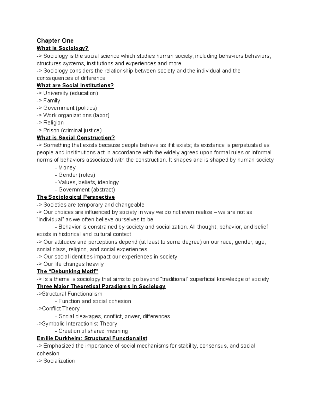 SOC 101 Notes - Chapter One What is Sociology? -> Sociology is the ...