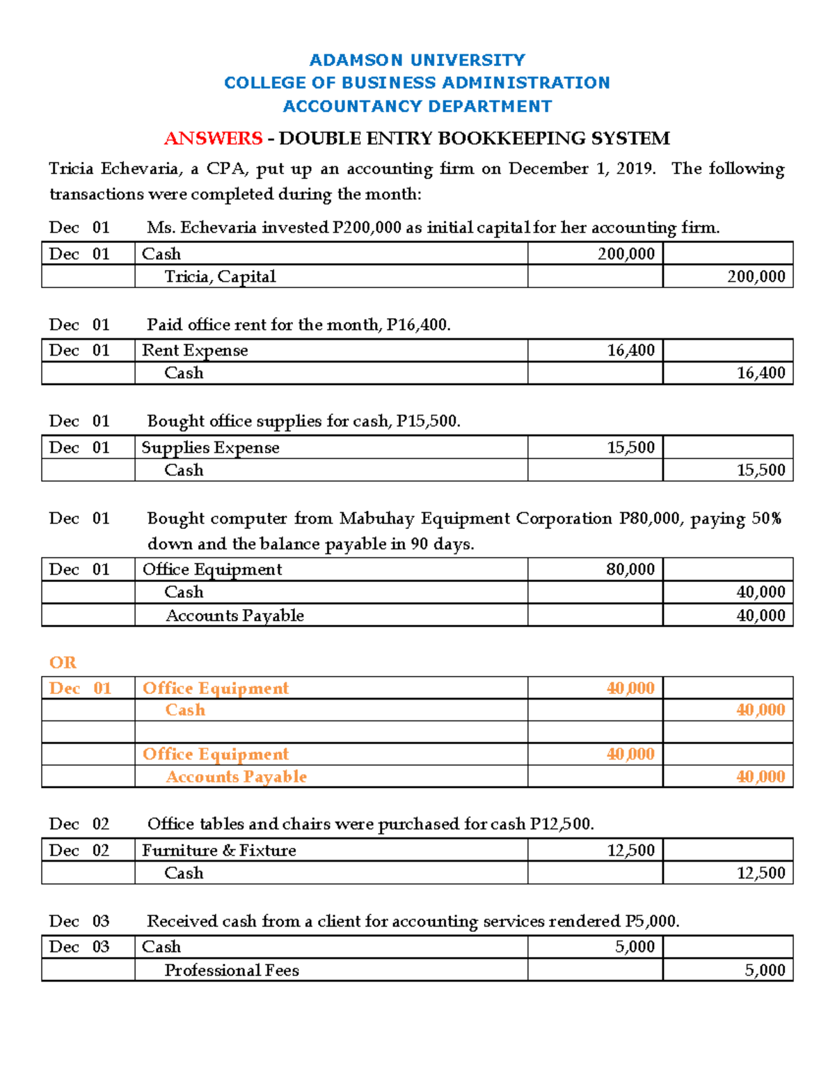 (06) Answers Double Entry Bookkeeping System - COLLEGE OF BUSINESS ...