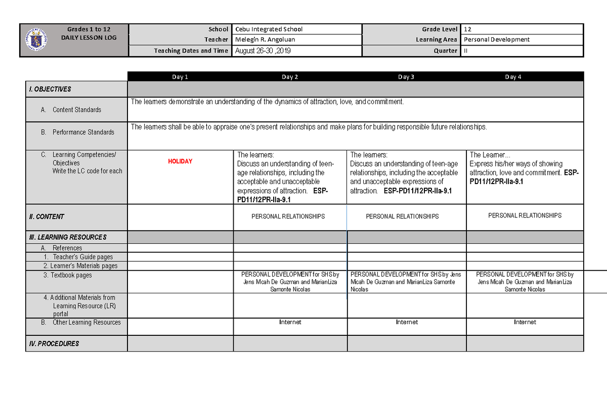 Dlp-q2-week-1-per-dev compress - Grades 1 to 12 DAILY LESSON LOG School ...