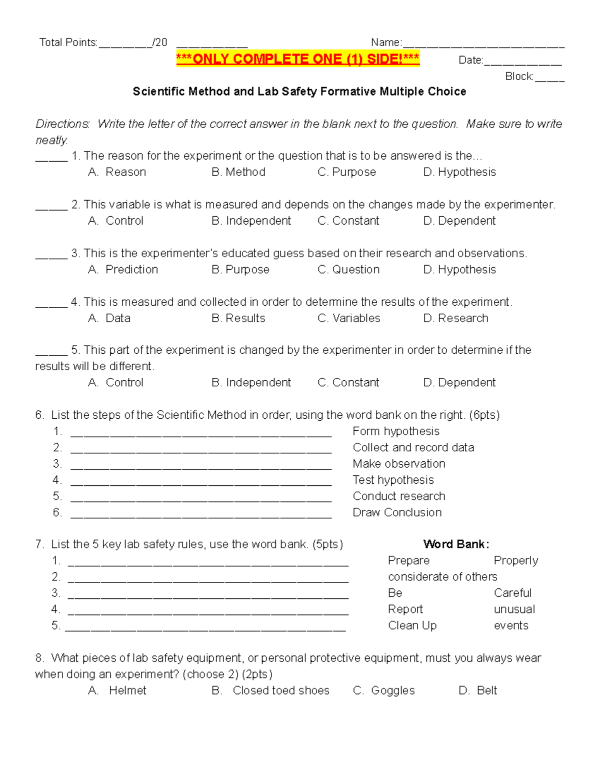 Scientific+Method+&+Lab+Safety+Formative - Total Points:/20 ...