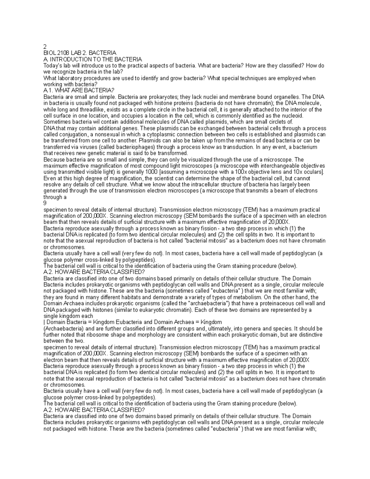 Bio lab 16 maddie - lab lecture notes - 2 BIOL 2108 LAB 2. BACTERIA A ...
