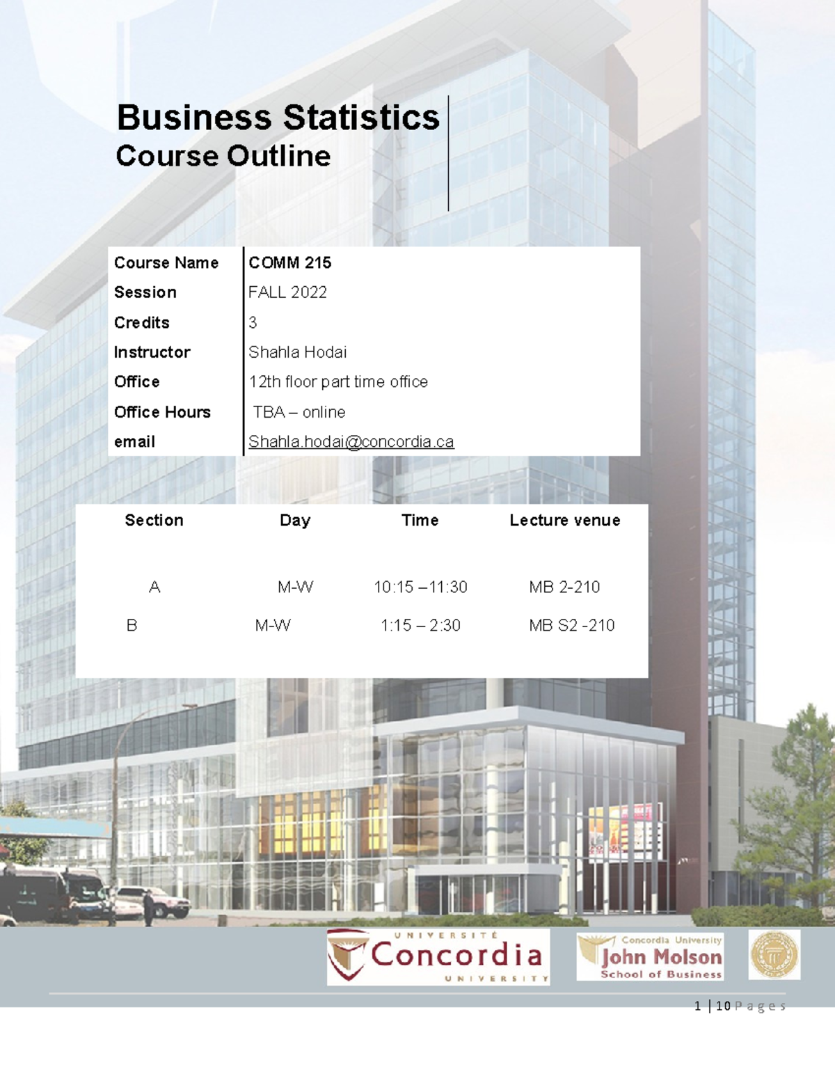 Sh COMM 215 Course Outline Fall 2022 - Business Statistics Course ...