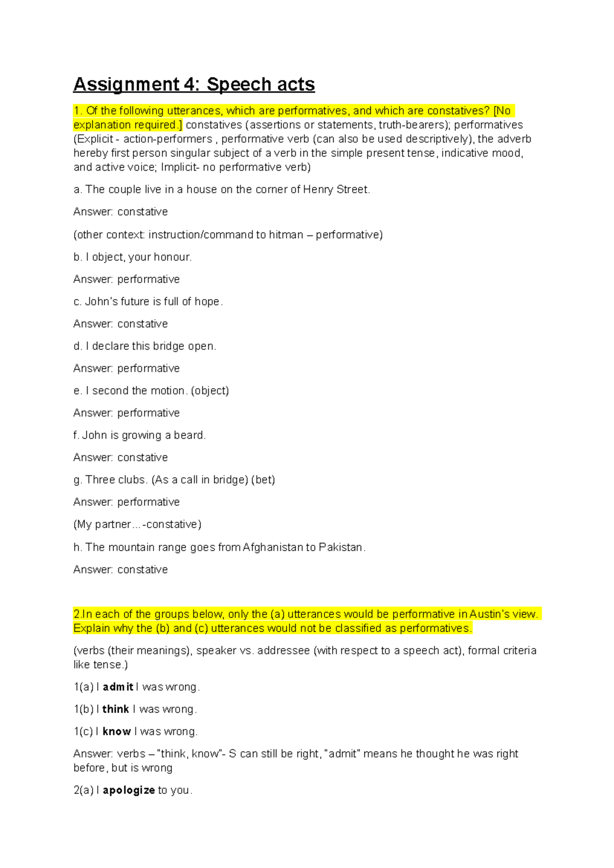 Pragmatics assignment 4: Speech acts - Assignment 4: Speech acts Of the ...