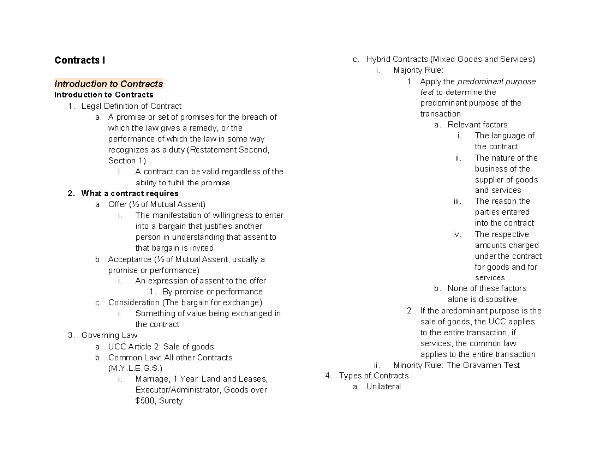 Contracts I Outline - Contracts I Introduction to Contracts ...
