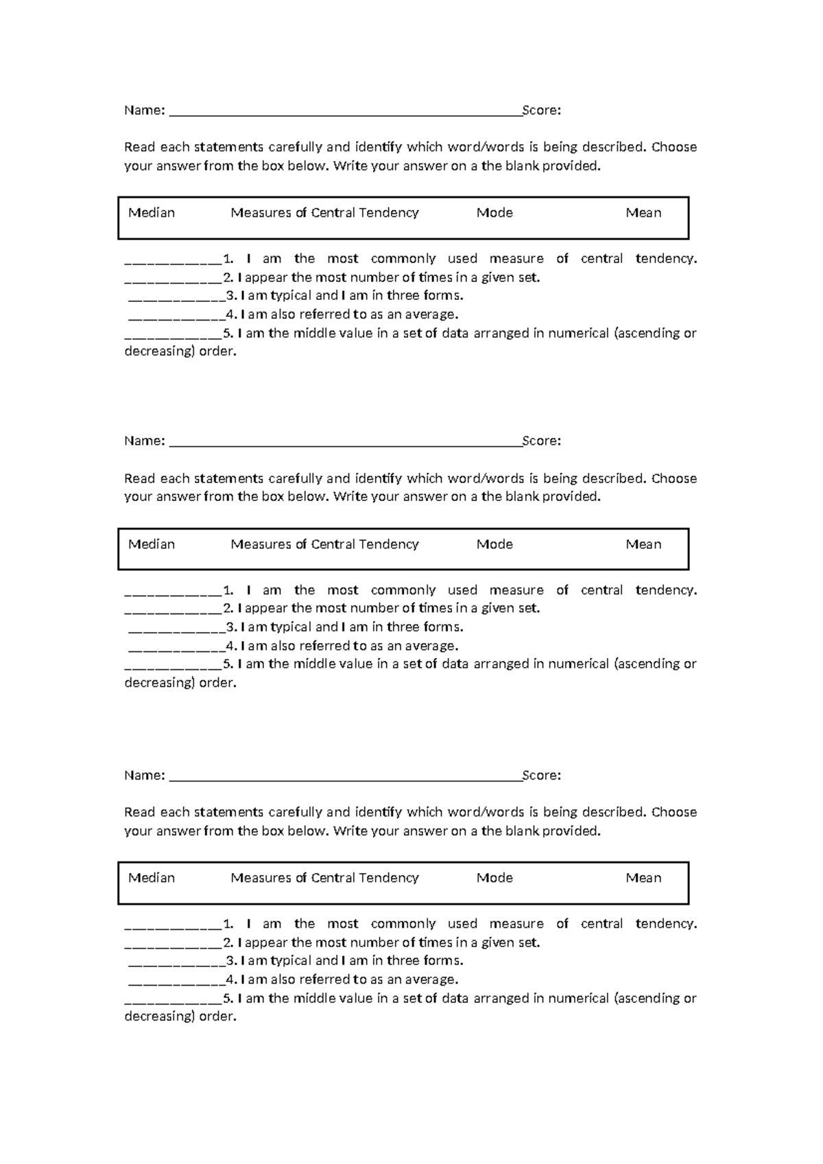 Assessment-1 - Summary Bsed- mathematics - Name: _ Score: Read each ...