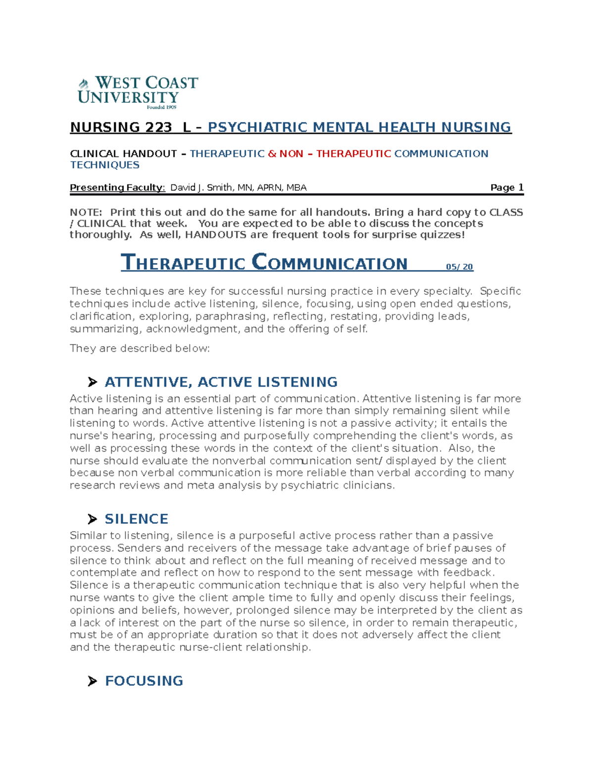 Therapeutic Communiucaton - NURSING 223 L – PSYCHIATRIC MENTAL HEALTH ...