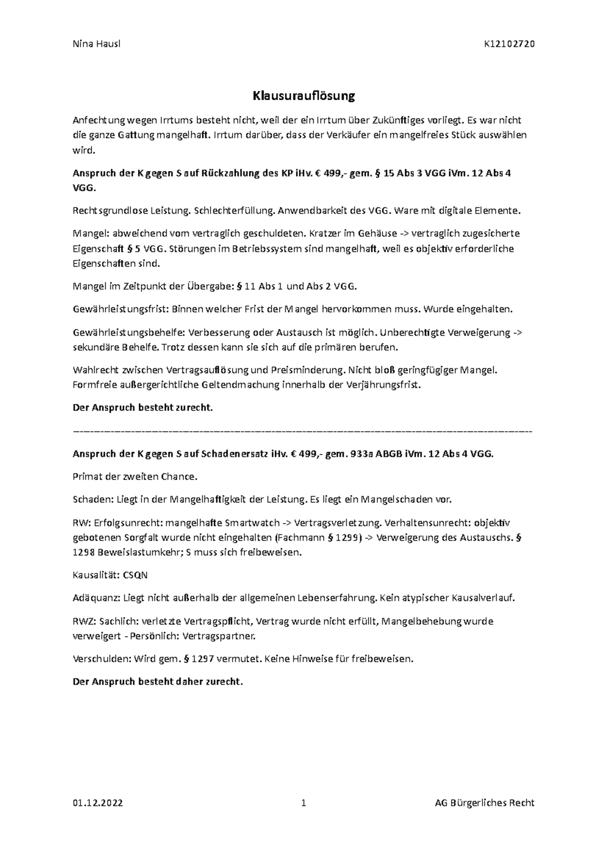 Anfechtung Wegen Irrtum Beispiele Klausurauflösung 2. AG Klausur - Nina Hausl K Klausurauflösung