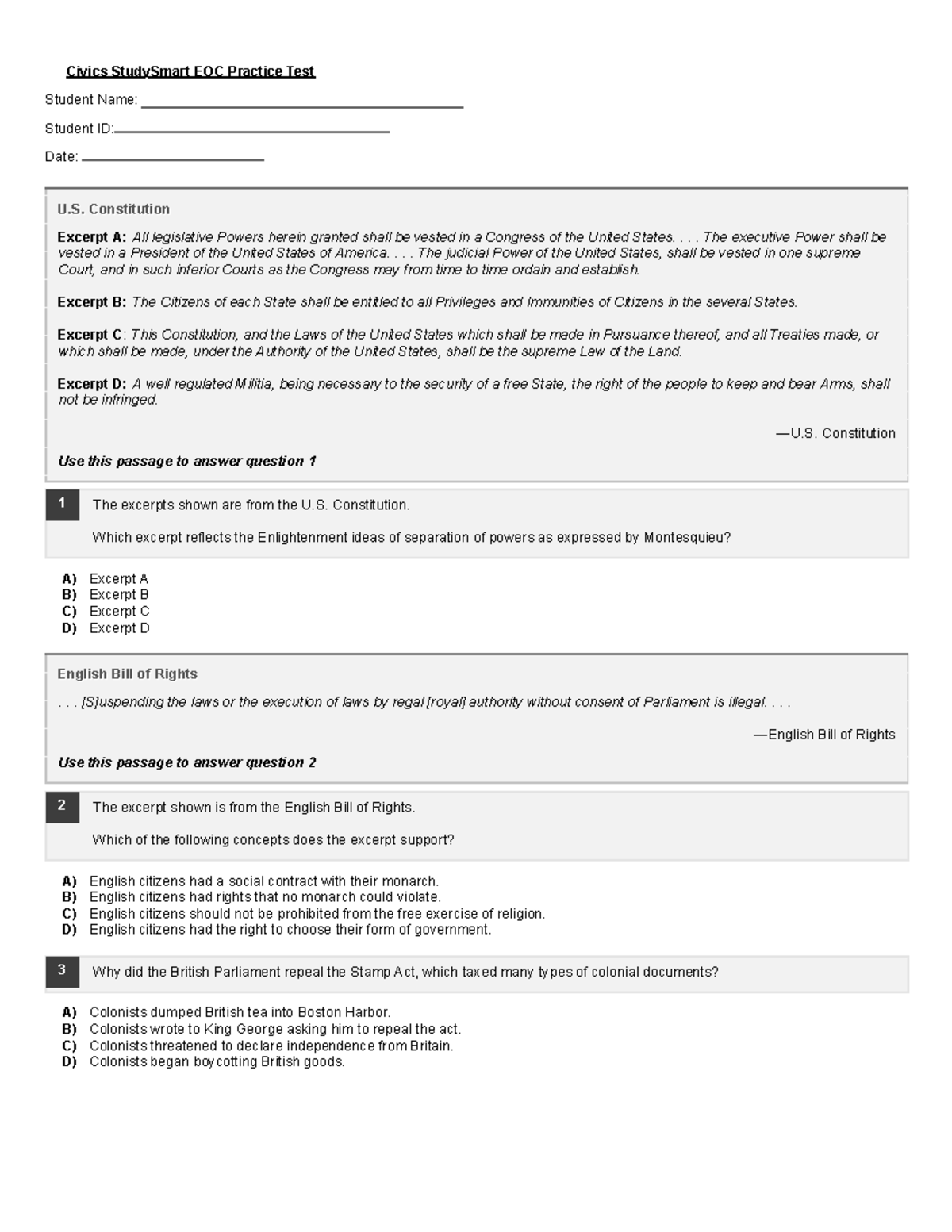 Civics Study Smart EOC Mock Test - Civics StudySmart EOC Practice Test ...