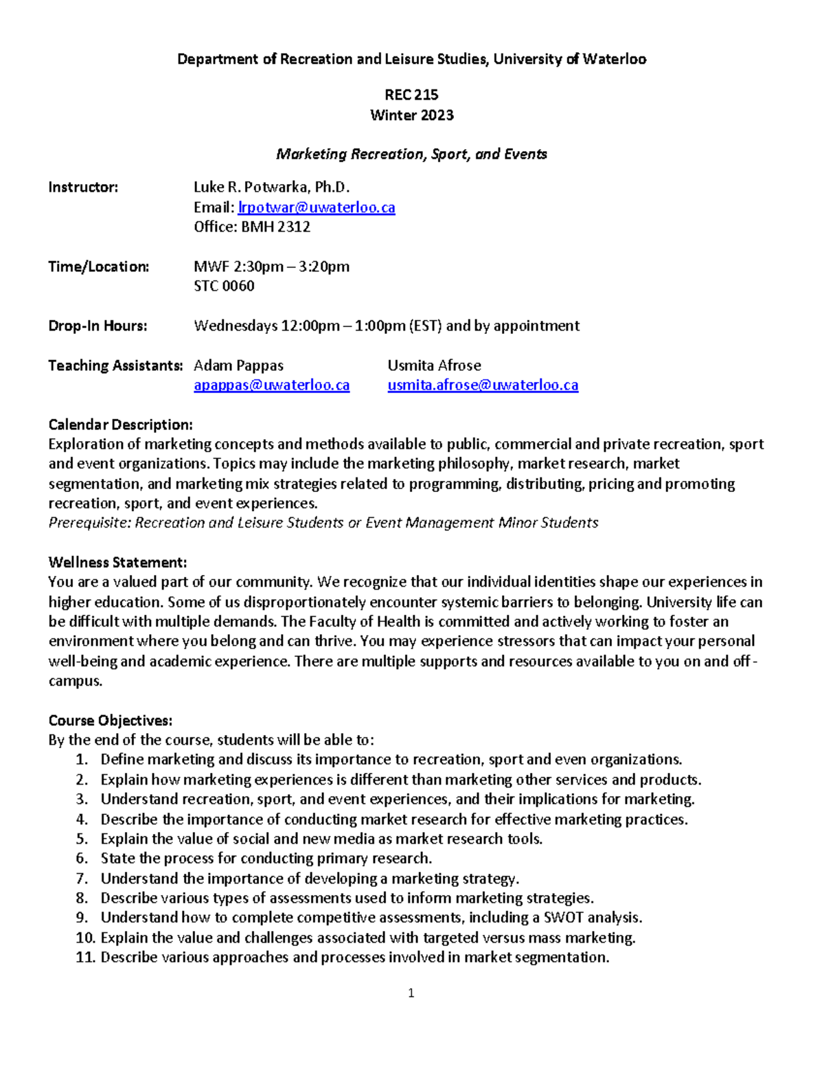 REC 215 W23 Outline final - Department of Recreation and Leisure ...