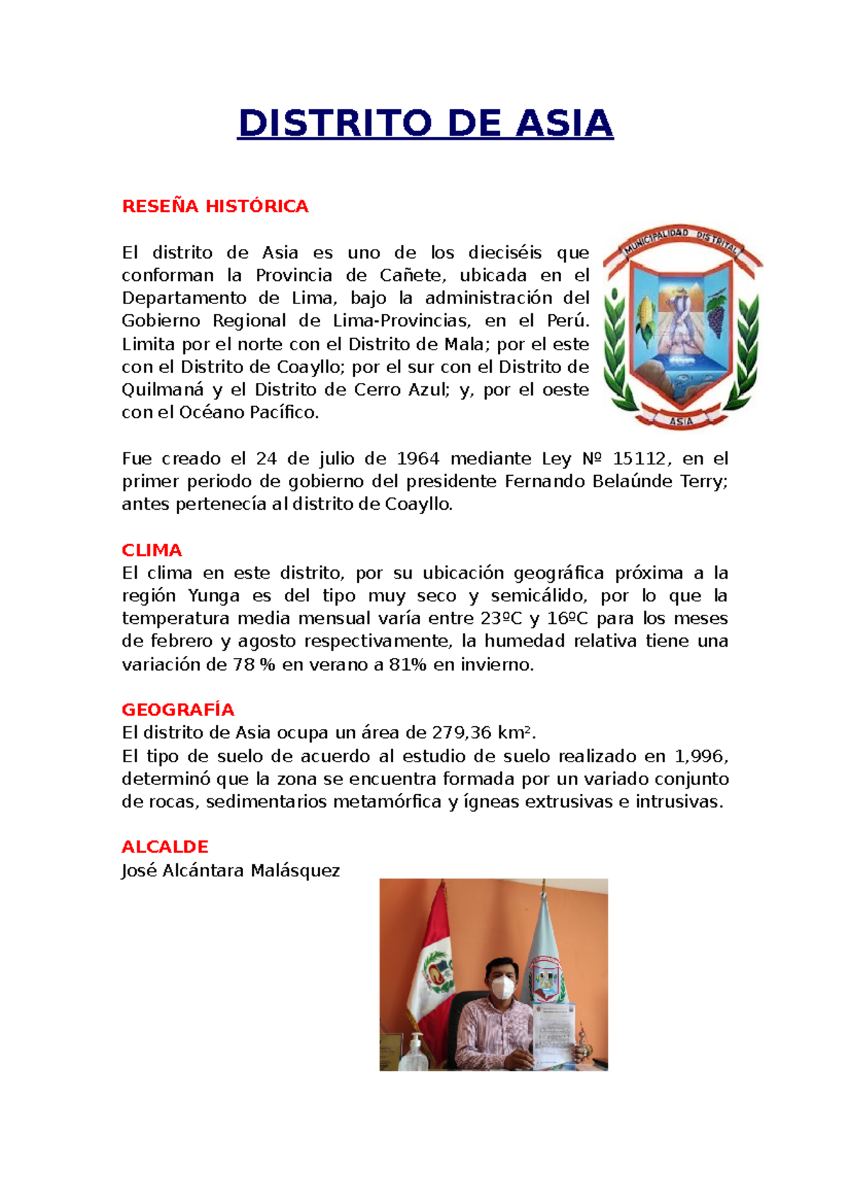 Distrito DE ASIA - DISTRITO DE ASIA RESEÑA HISTÓRICA El distrito de ...