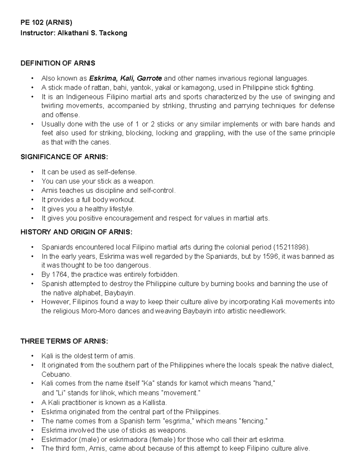 Moduleinarnis Physical Education lecture PE 102 (ARNIS