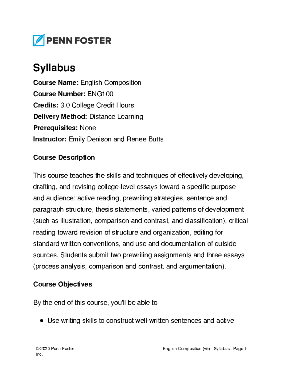 ENG100 English Compostion - Syllabus Course Name: English Composition ...