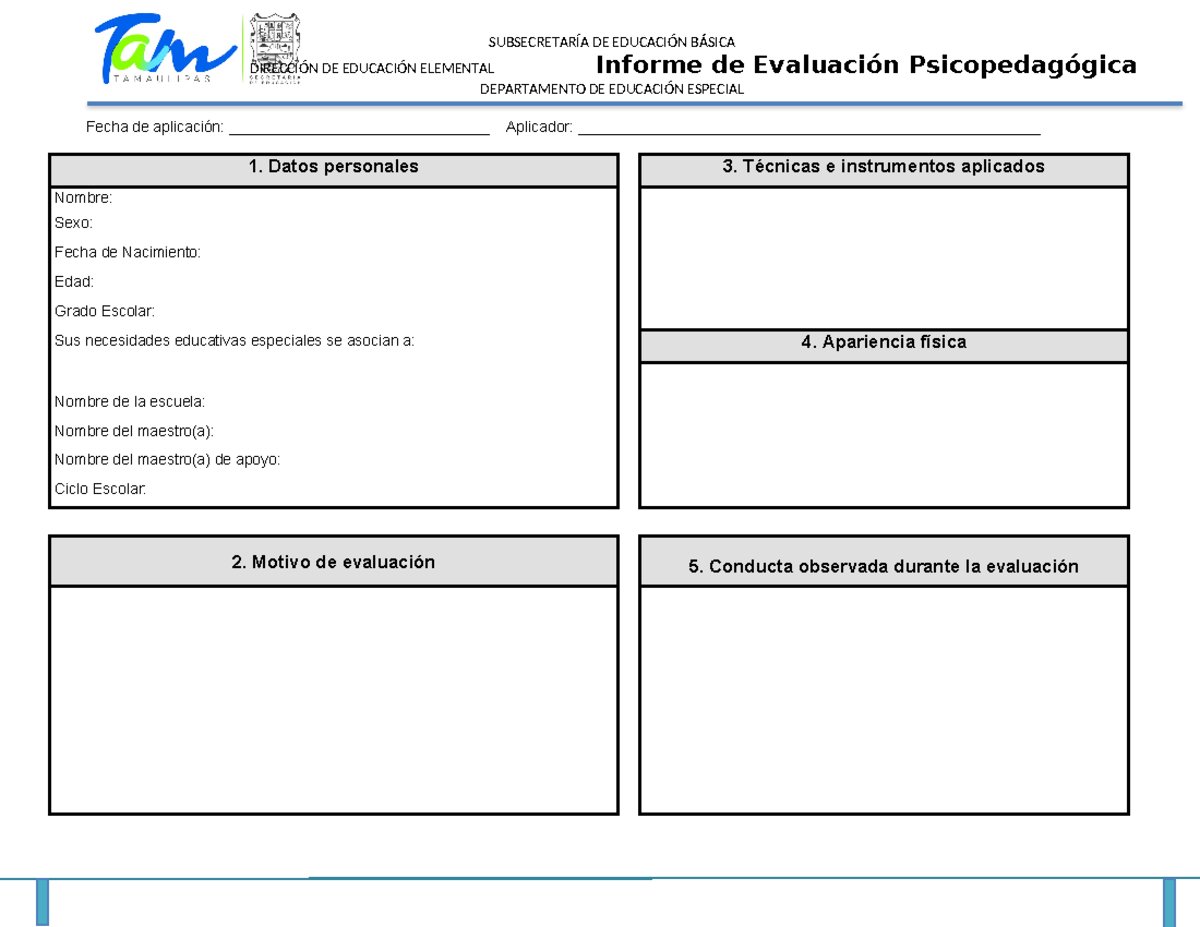 1.- Formato DE Informe DE EVAL. Psicopedagógica - DIRECCIÓN DE