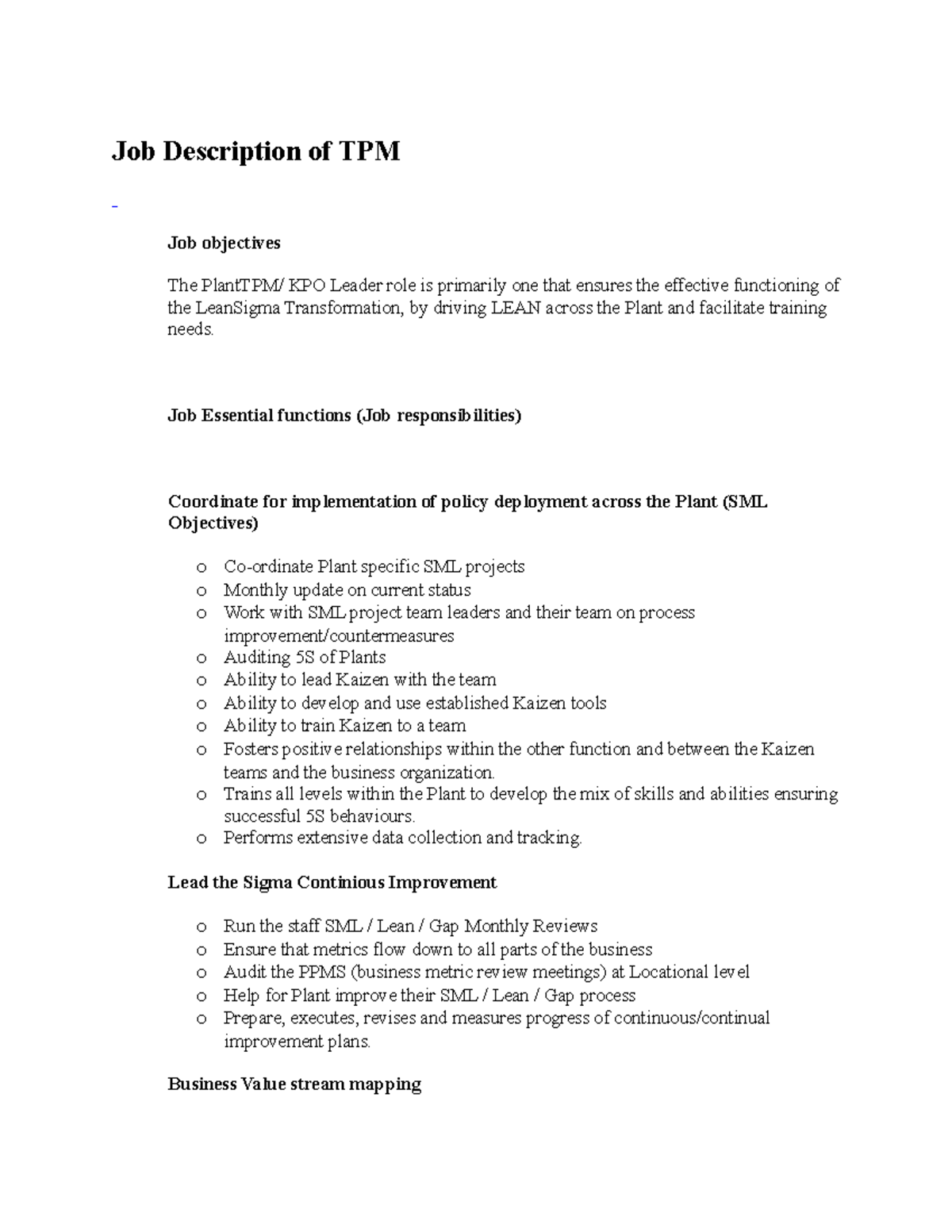 Job Description of TPM dEV S DFW swqdc Job Description of TPM Job