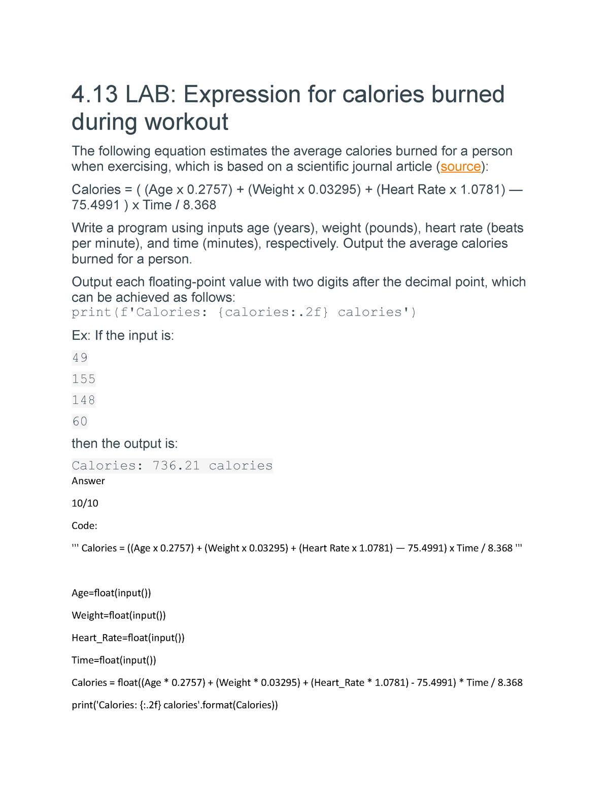 expression for calories burned during workout