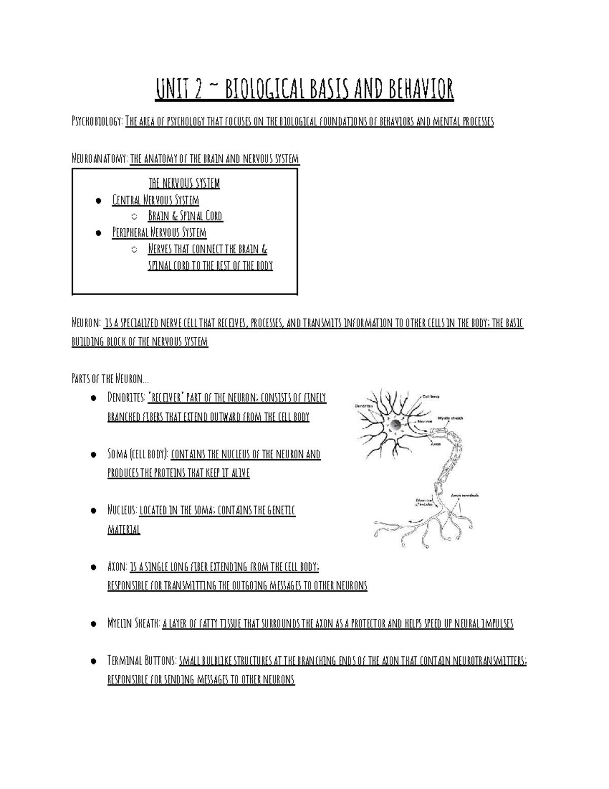 UNIT 2 Notes - UNIT 2 ~ BIOLOGICAL BASIS AND BEHAVIOR Psychobiology ...