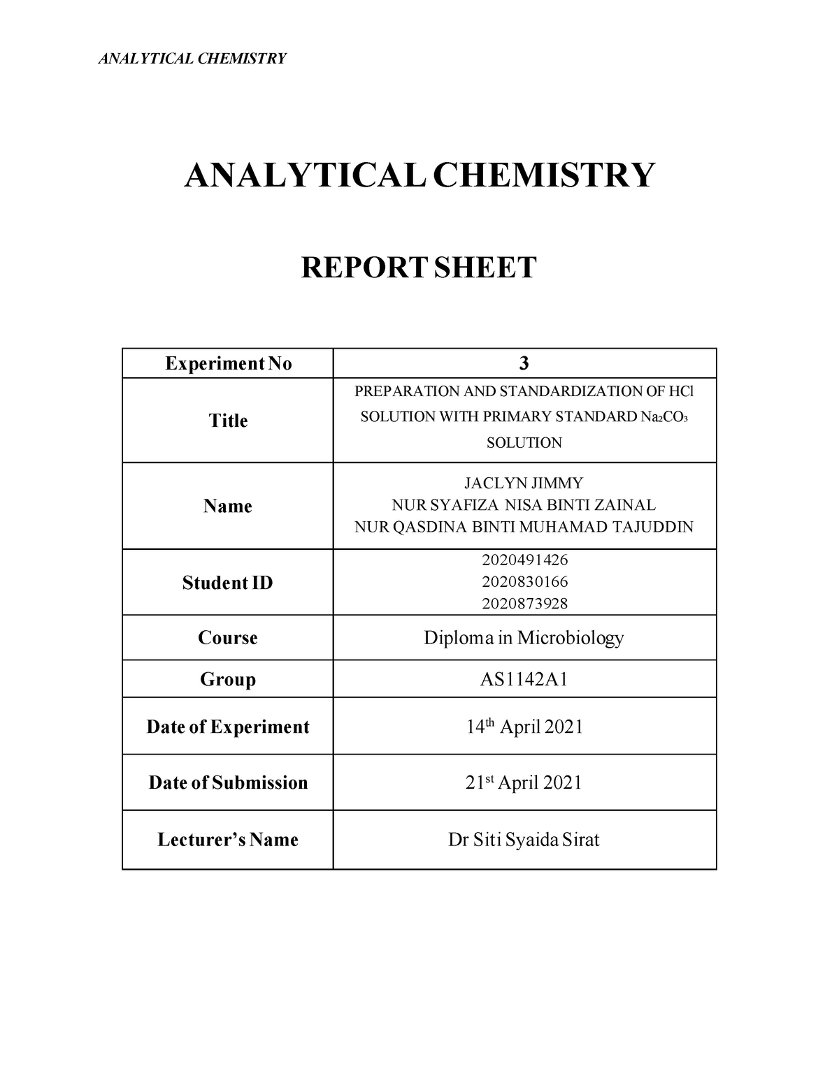 LAB REPORT Analytical Chemistry CHM256   ANALYTICAL CHEMISTRY REPORT