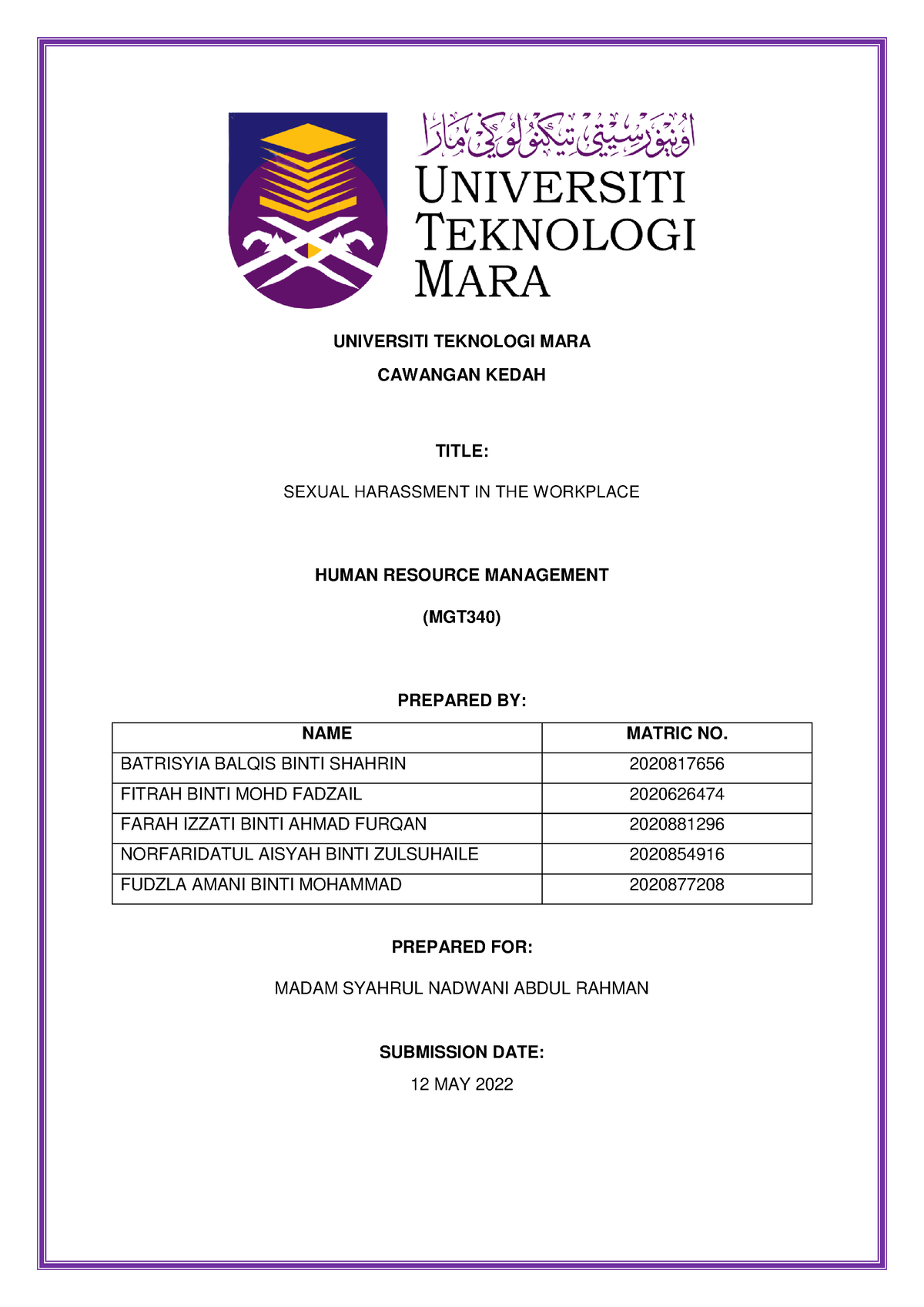 Sexual Harrasment IN THE Workplace - Human Resource Management - UiTM ...