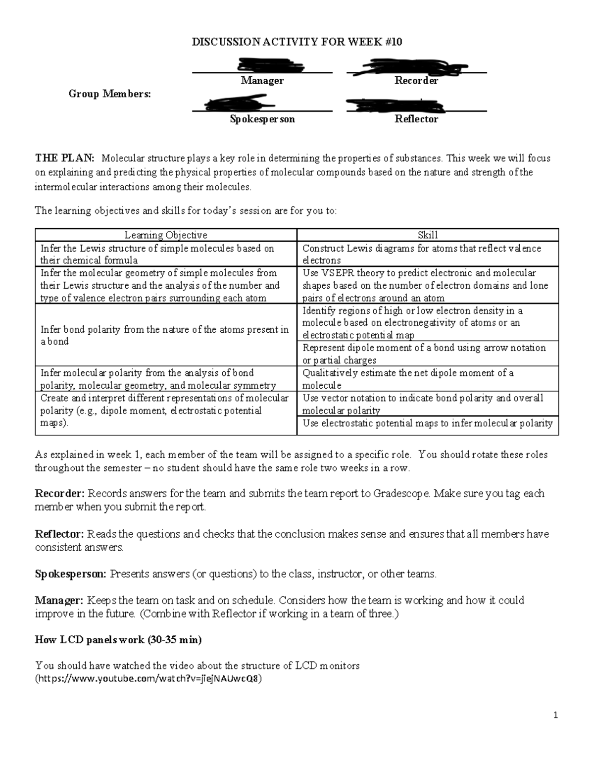 Discussion worksheet Week 10 - DISCUSSION ACTIVITY FOR WEEK Group ...