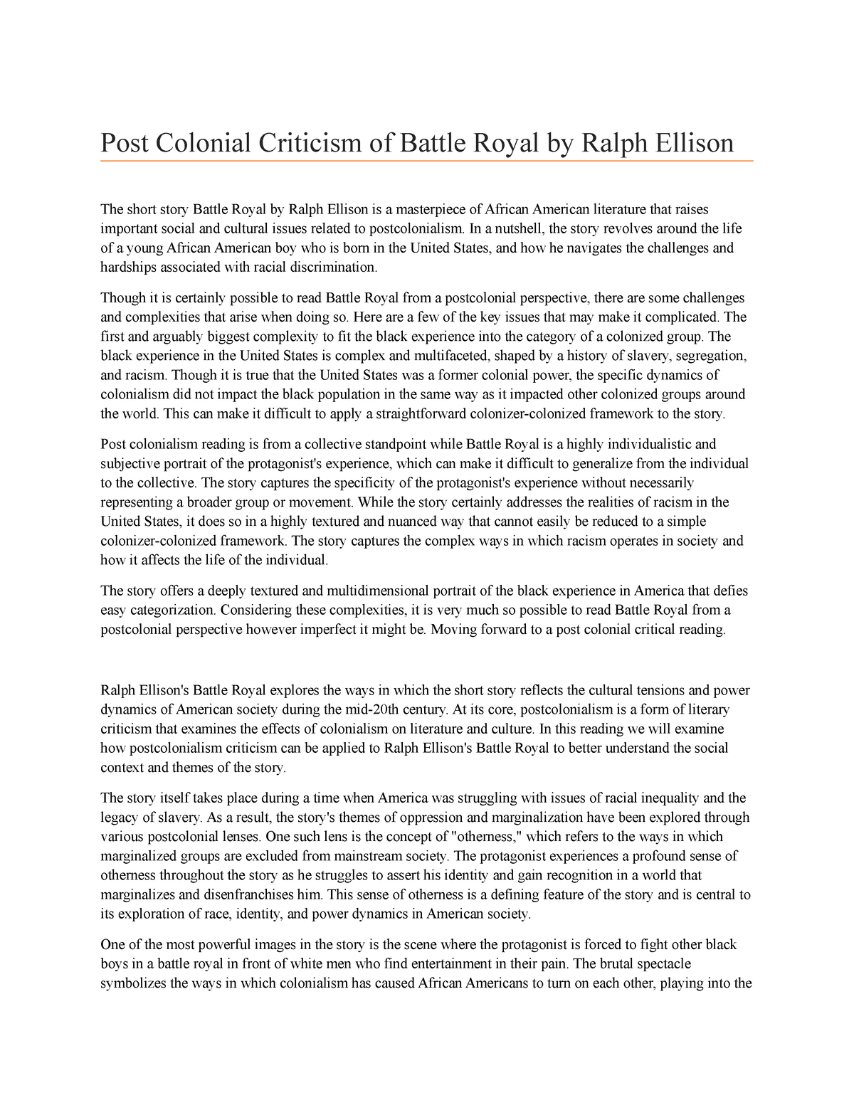 post-colonial-criticism-of-battle-royal-by-ralph-ellison-in-a