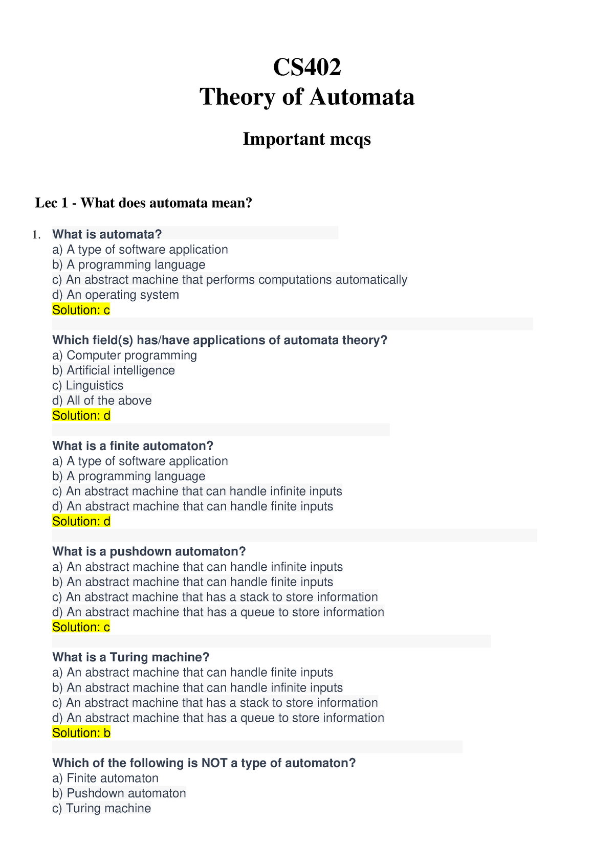 Lec 1 To 45 Mcqs - CS402 - CS Theory Of Automata Important Mcqs Lec 1 ...