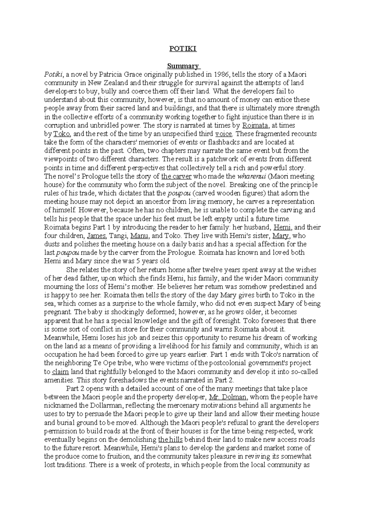Potiki - Essay on literature - POTIKI Summary Potiki, a novel by ...