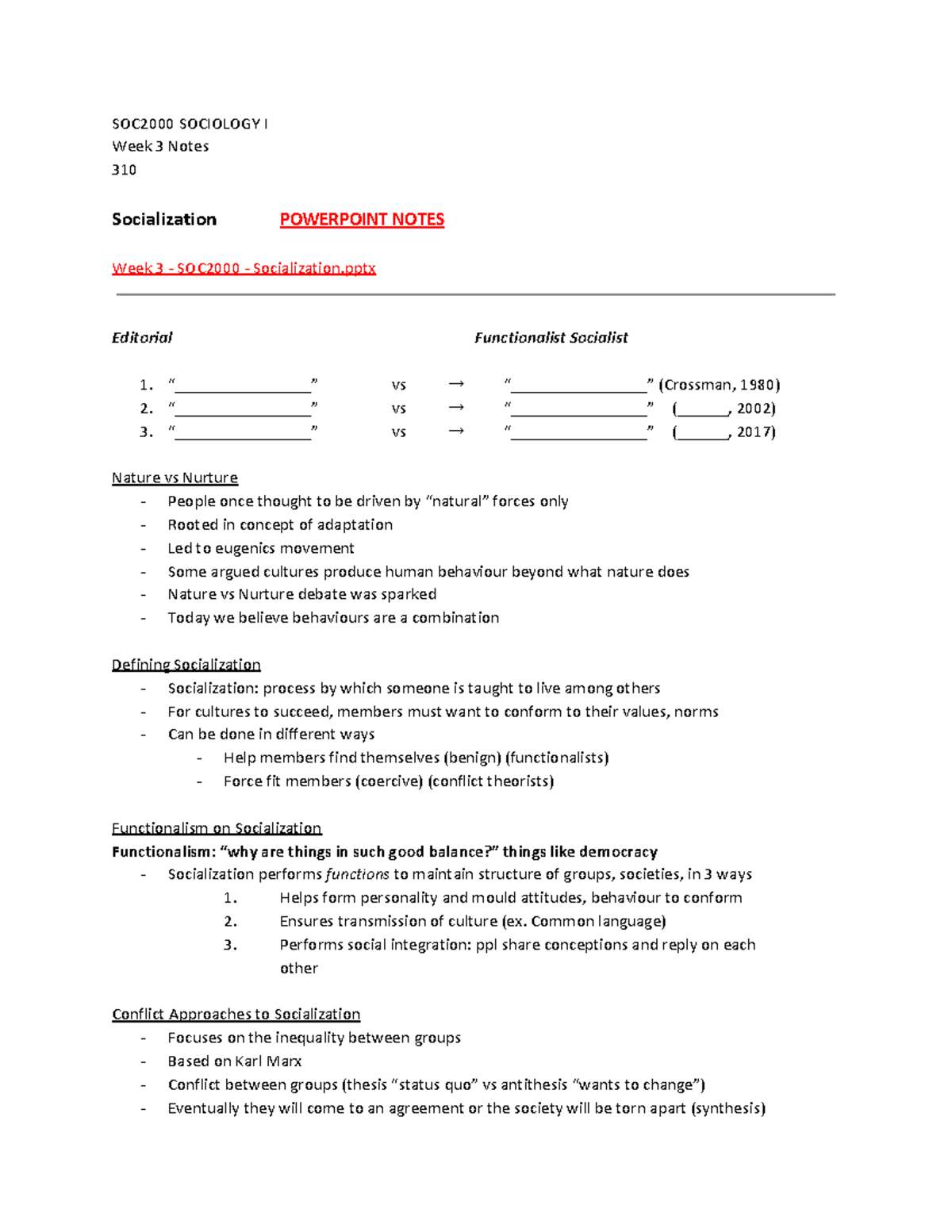 W3 Notes - SOC2000 SOCIOLOGY I Week 3 Notes 310 Socialization ...