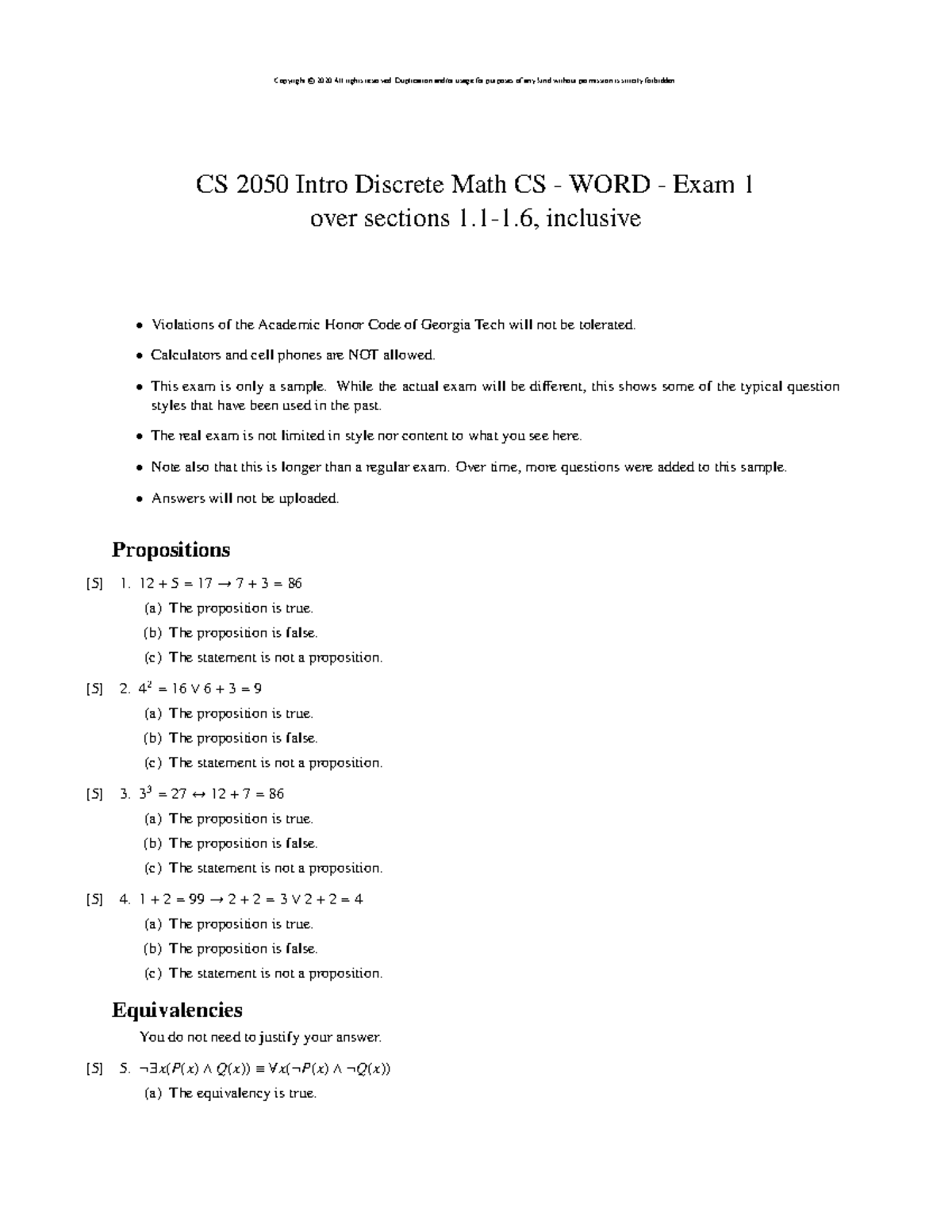 Exam 1 extra problems - CS 2050 Intro Discrete Math CS - WORD - Exam 1 ...