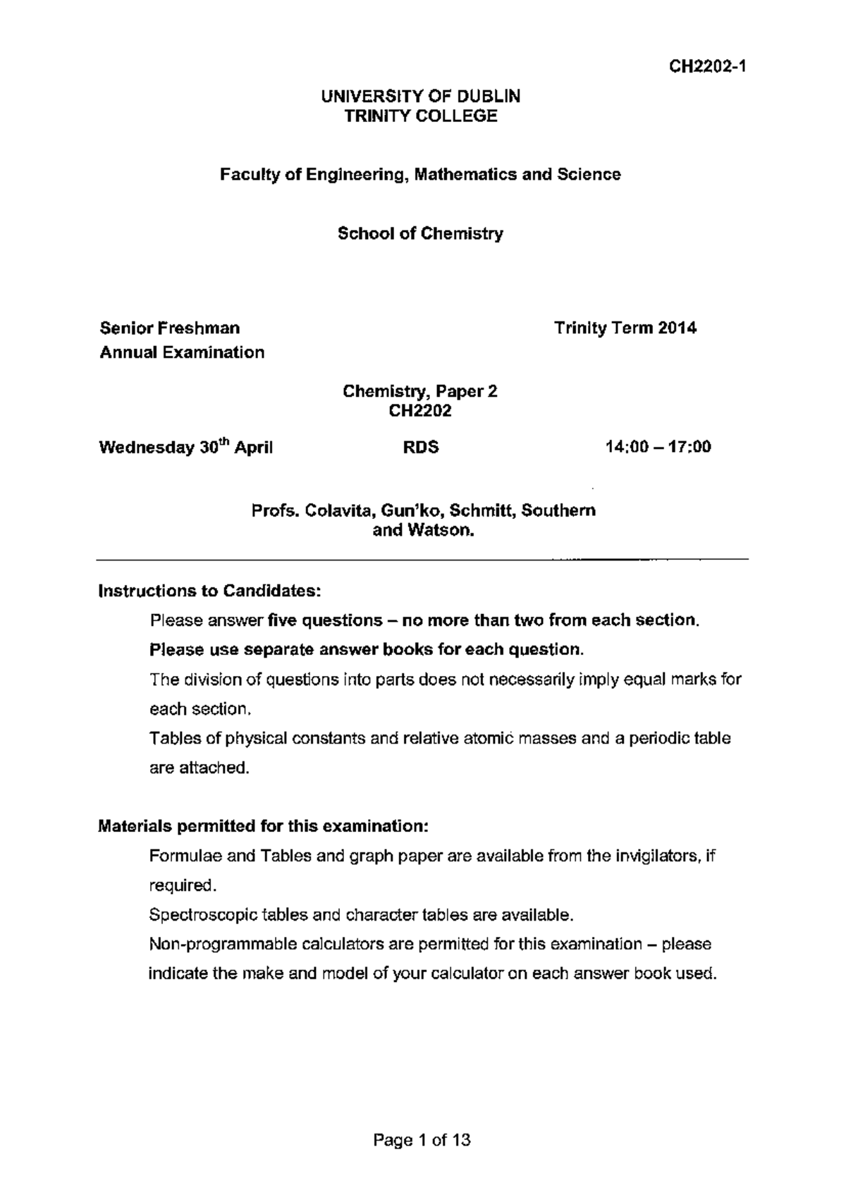 Ch2202 2014 Past Paper Organic Chemistry Trinity College Dublin Studocu Ch2202 2014 Past Paper Organic Chemistry Trinity College Dublin Studocu