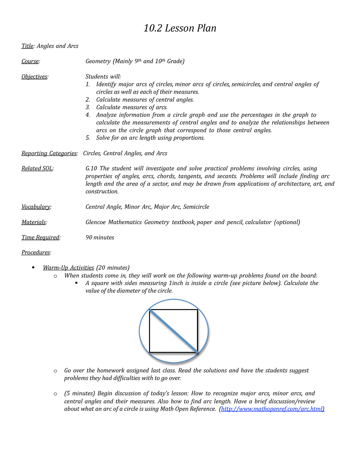 6376fac5421873143 D8b47df - 10 Lesson Plan Title: Angles And Arcs ...