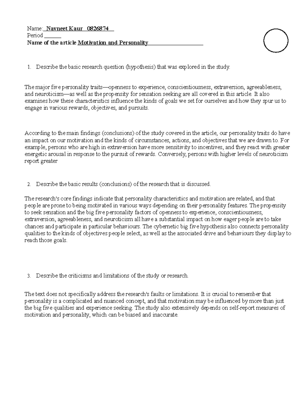 Motivation and personality assignment - Name: Navneet Kaur 0826874 ...