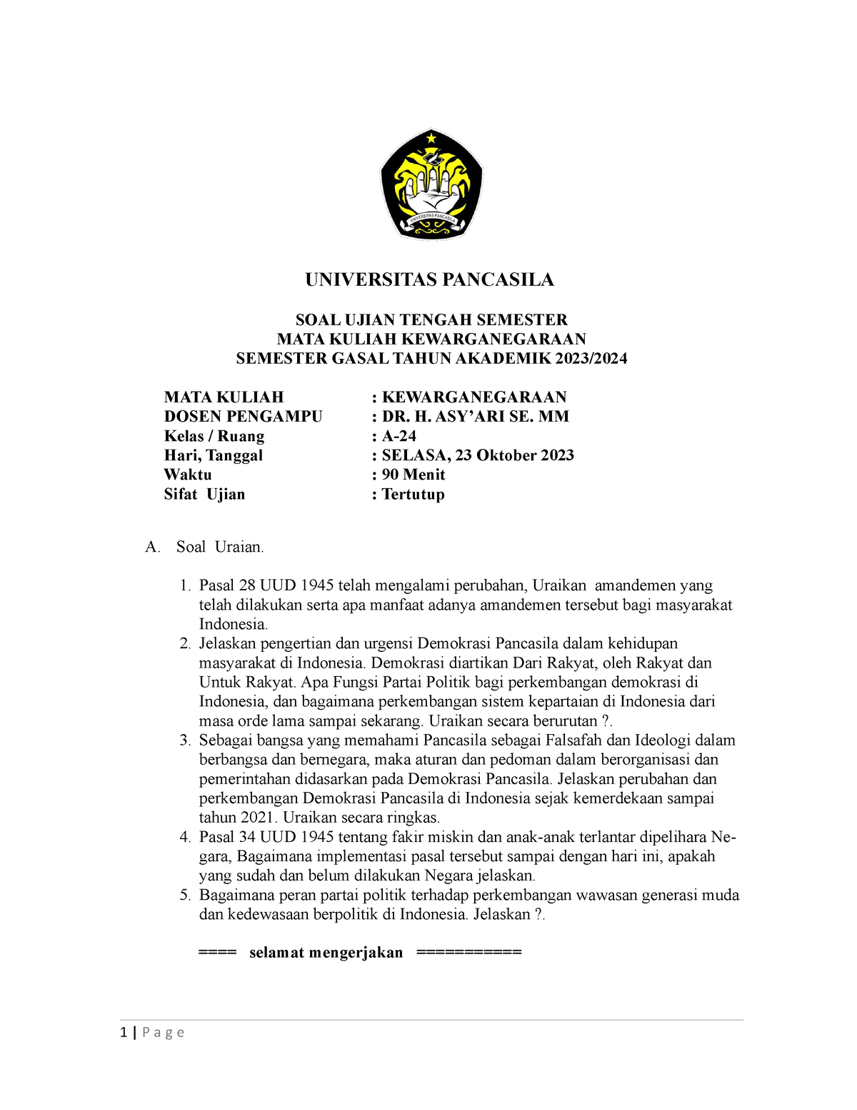 SOAL UTS Kewarganegaraan - UNIVERSITAS PANCASILA SOAL UJIAN TENGAH ...