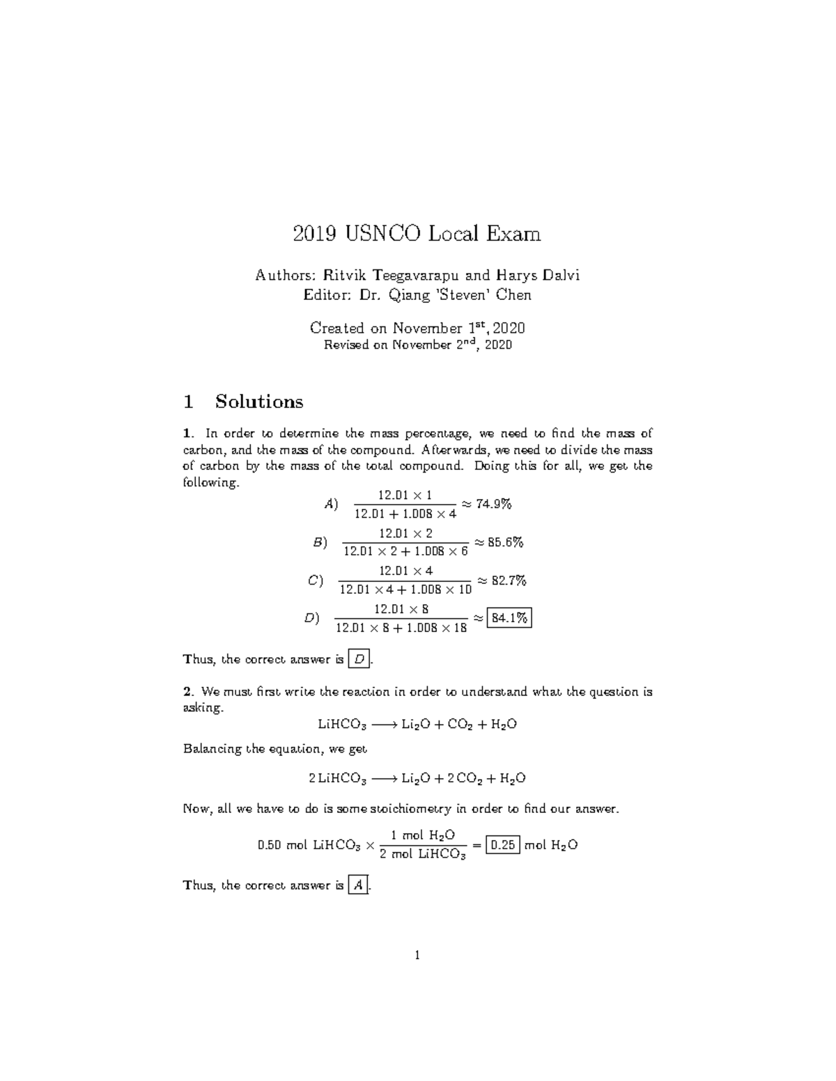 2019 Usnco Local Exam Answers For Practice - 2019 USNCO Local Exam