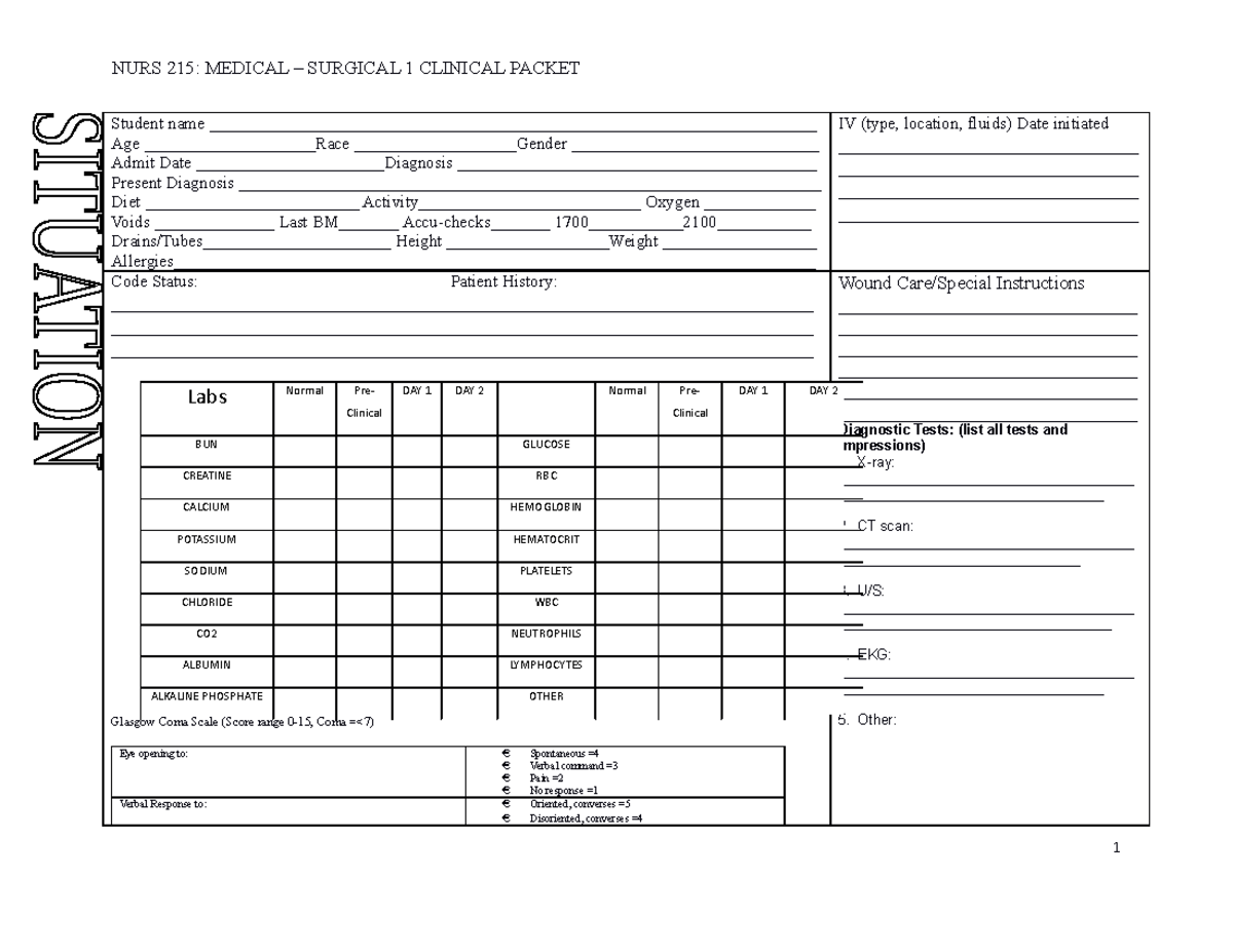 NURS 215 Written Clinical Packet (evening) Pt 1 - Student name - Studocu