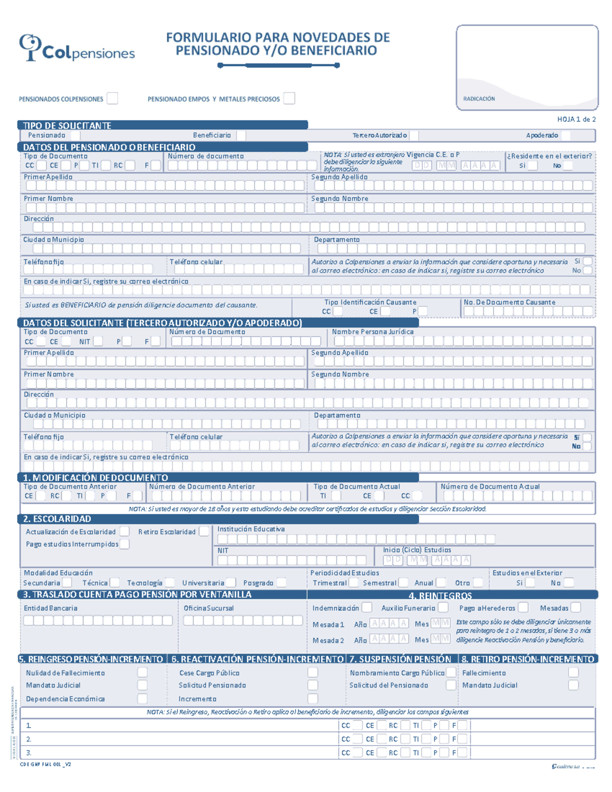 Formulario Para Novedades De Pensionado Yo Beneficiario - HOJA 1 De 2 ...