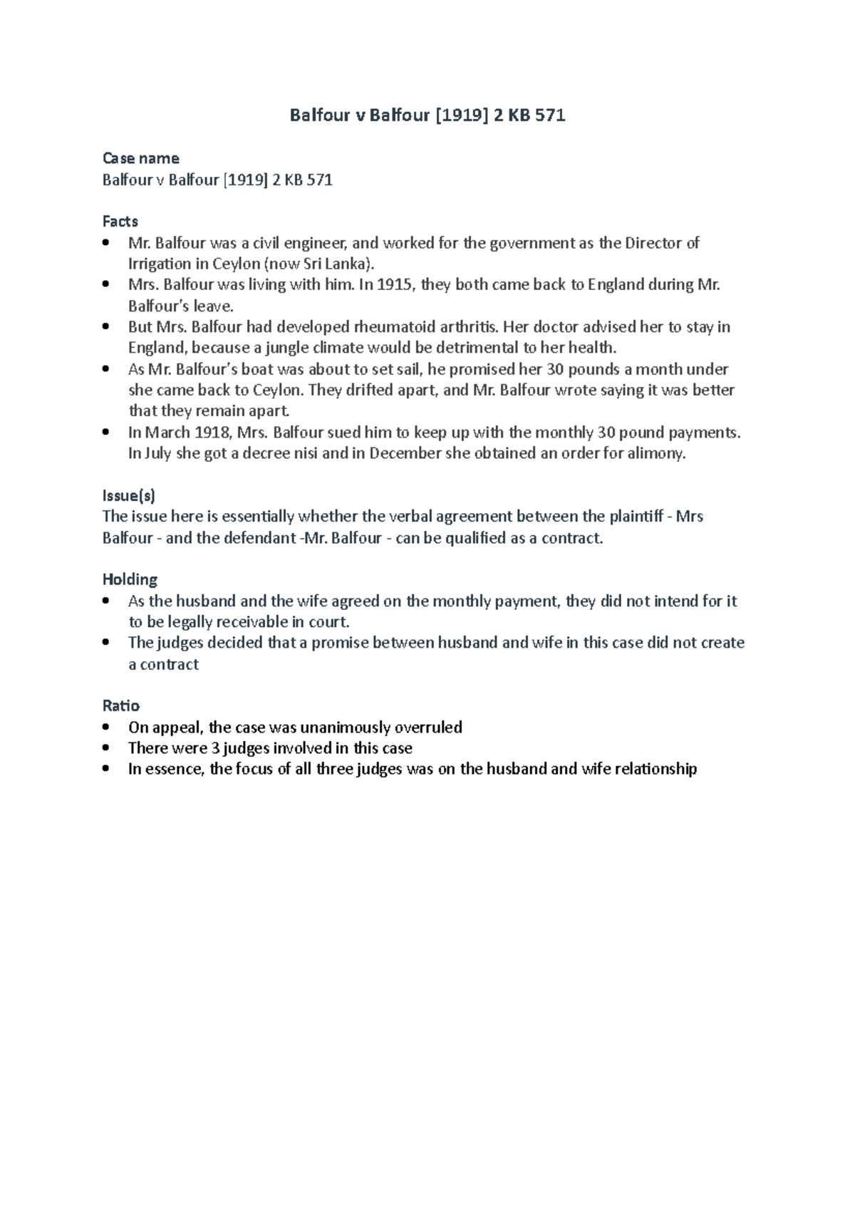 Balfour v Balfour summary of the case Balfour v Balfour [1919] 2 KB