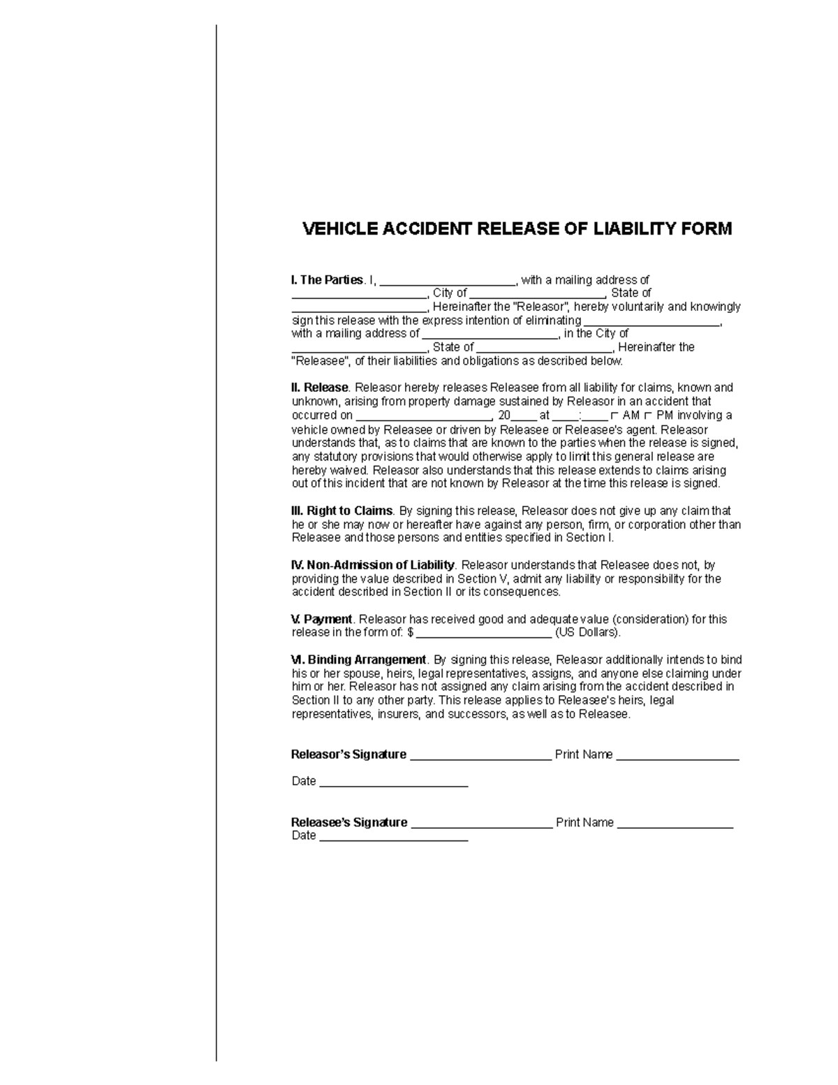 Project 1 form - VEHICLE ACCIDENT RELEASE OF LIABILITY FORM I. The ...