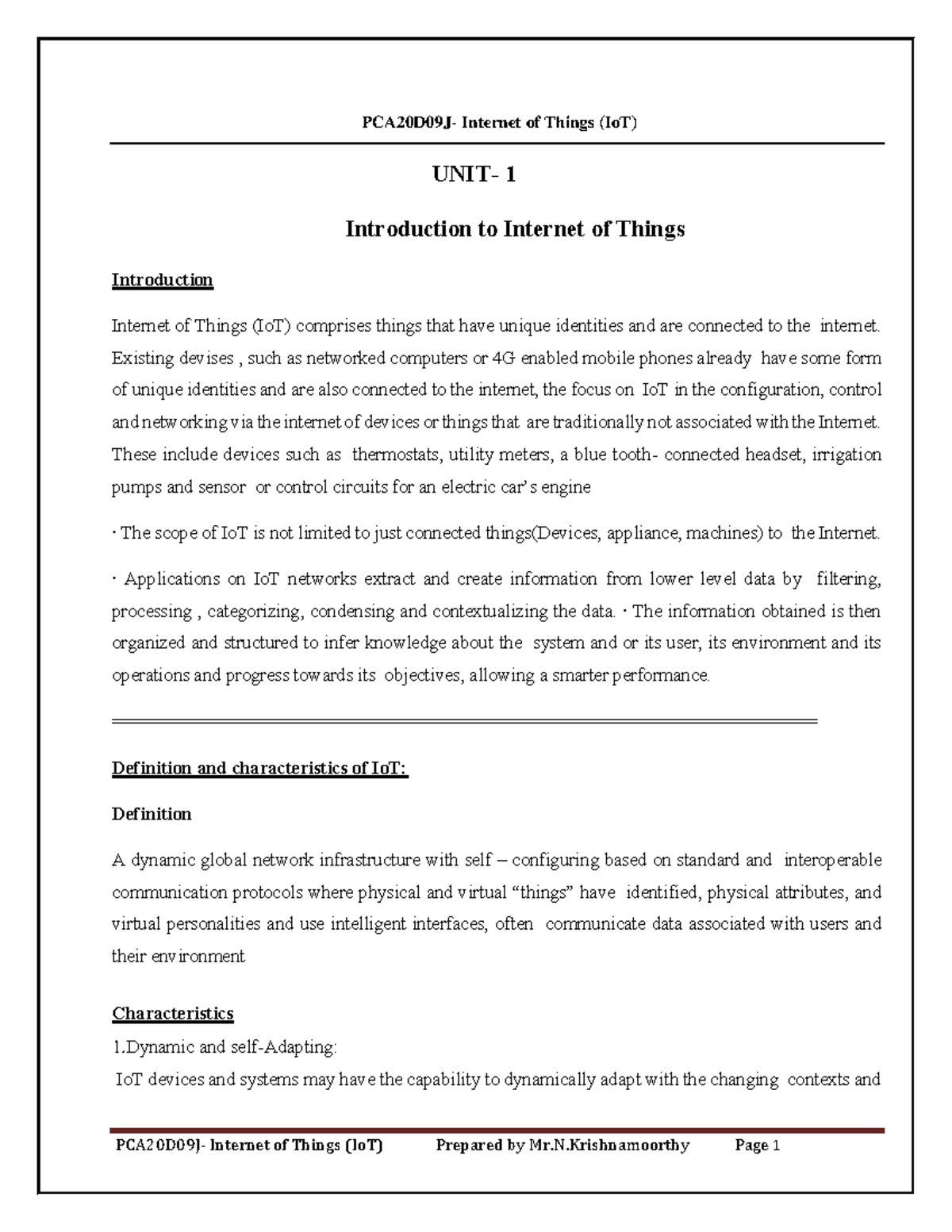 PCA20D09J- Internet Of Things (Io T) Notes Units 1 To 4 - PCA20D09J ...