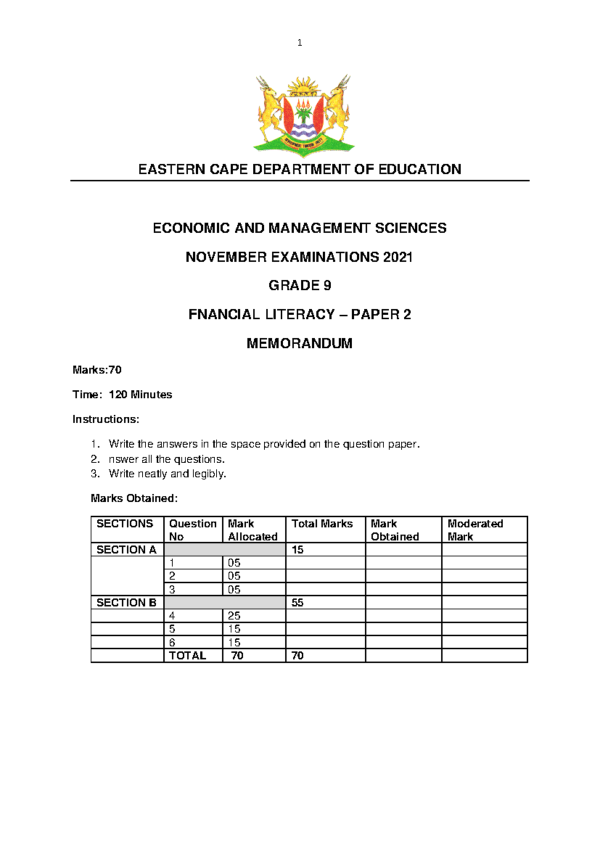 4 Grade 9 Paper 2 NOV Exams MEMO 2021 - EASTERN CAPE DEPARTMENT OF ...