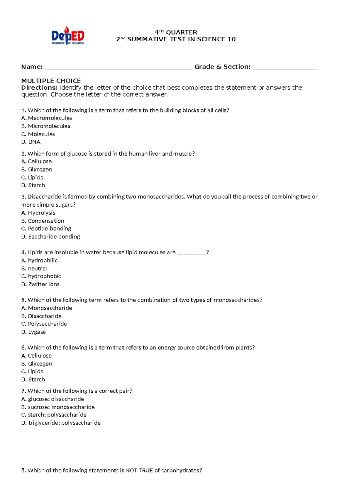 4TH Quarter 2nd Summative Test in Science 10 - 4 TH QUARTER 2 nd ...