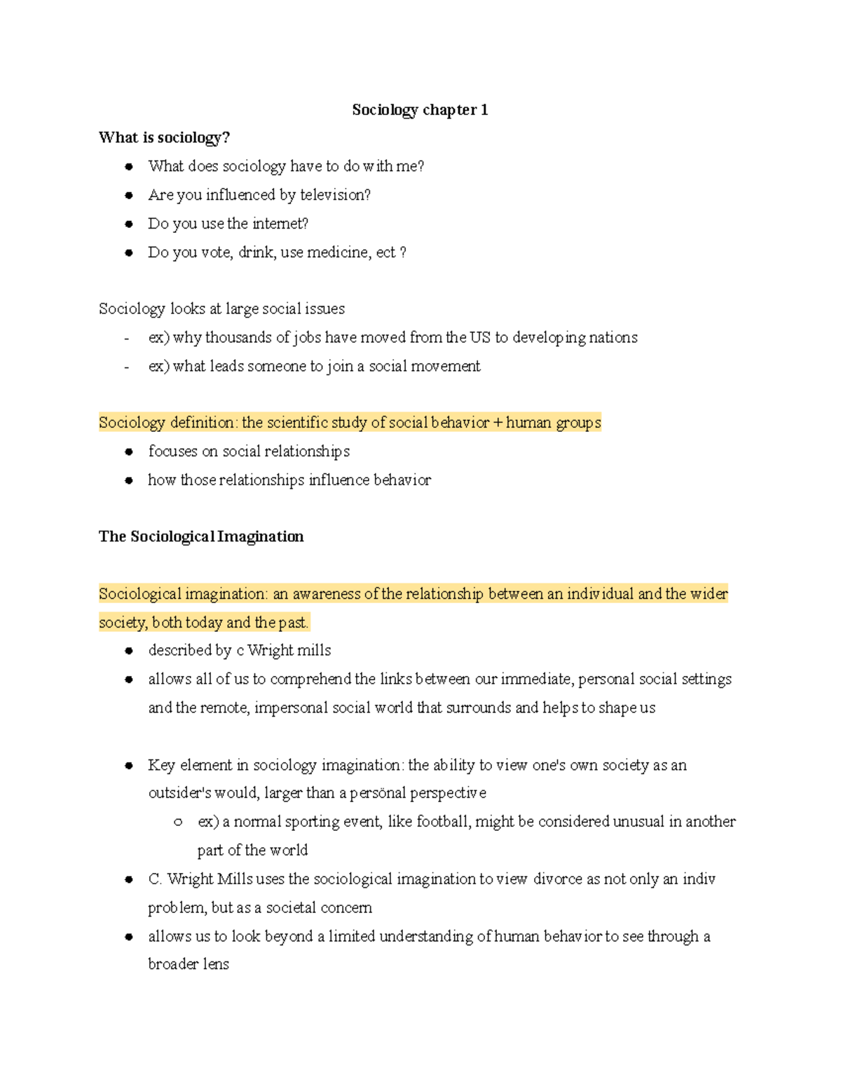 Sociology Chapter 1 Notes - Sociology Chapter 1 What Is Sociology? What ...