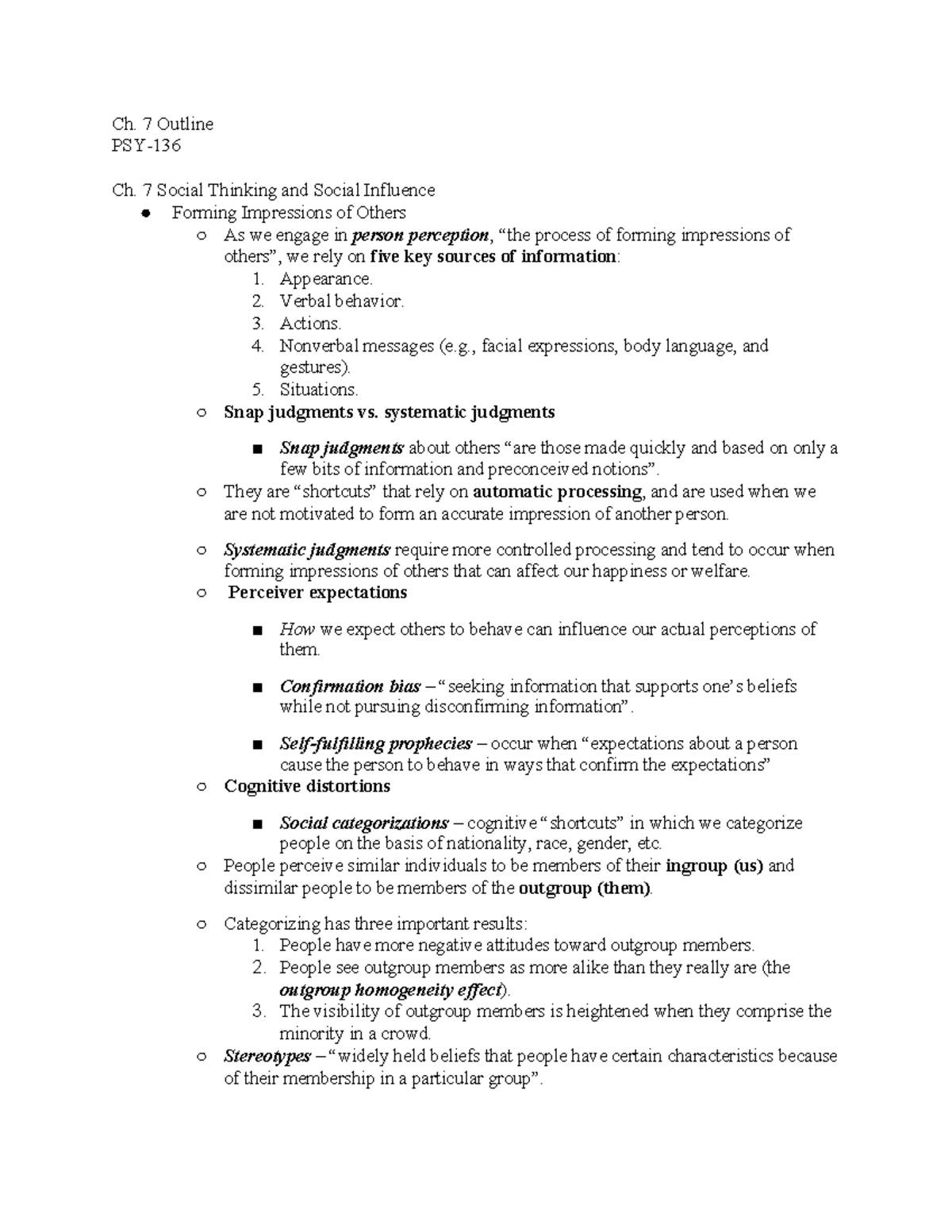 PSY Class Notes 7 - Test 2 Chapter 7: Social Thinking and Social ...