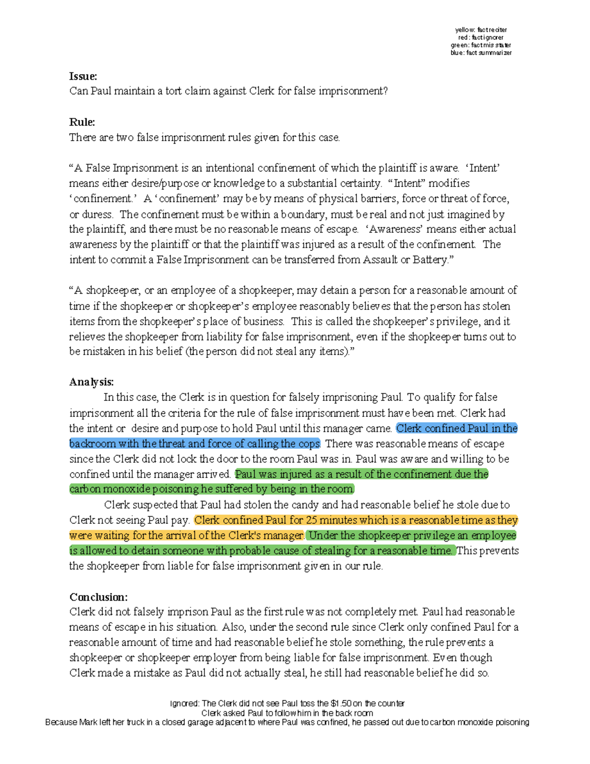 False Imprisonment Assignment - yellow: fact reciter red: fact ignorer ...
