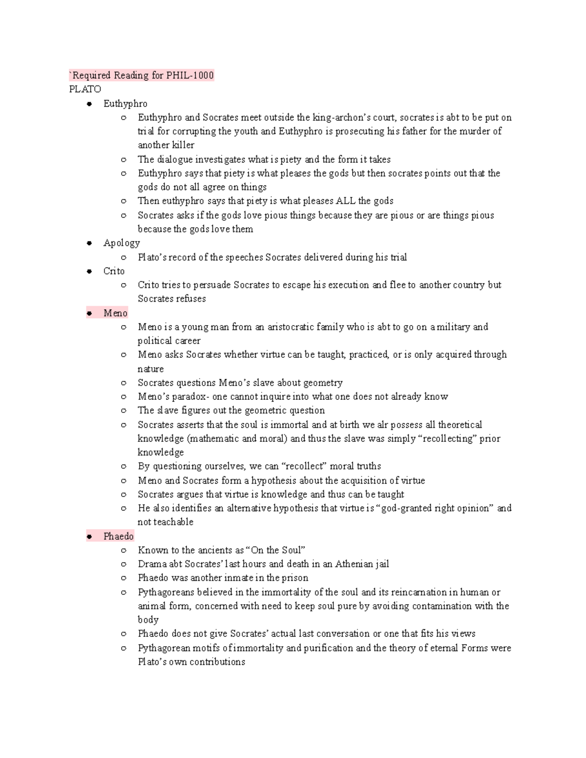 Philosophy Notes - `Required Reading for PHIL- PLATO Euthyphro ...