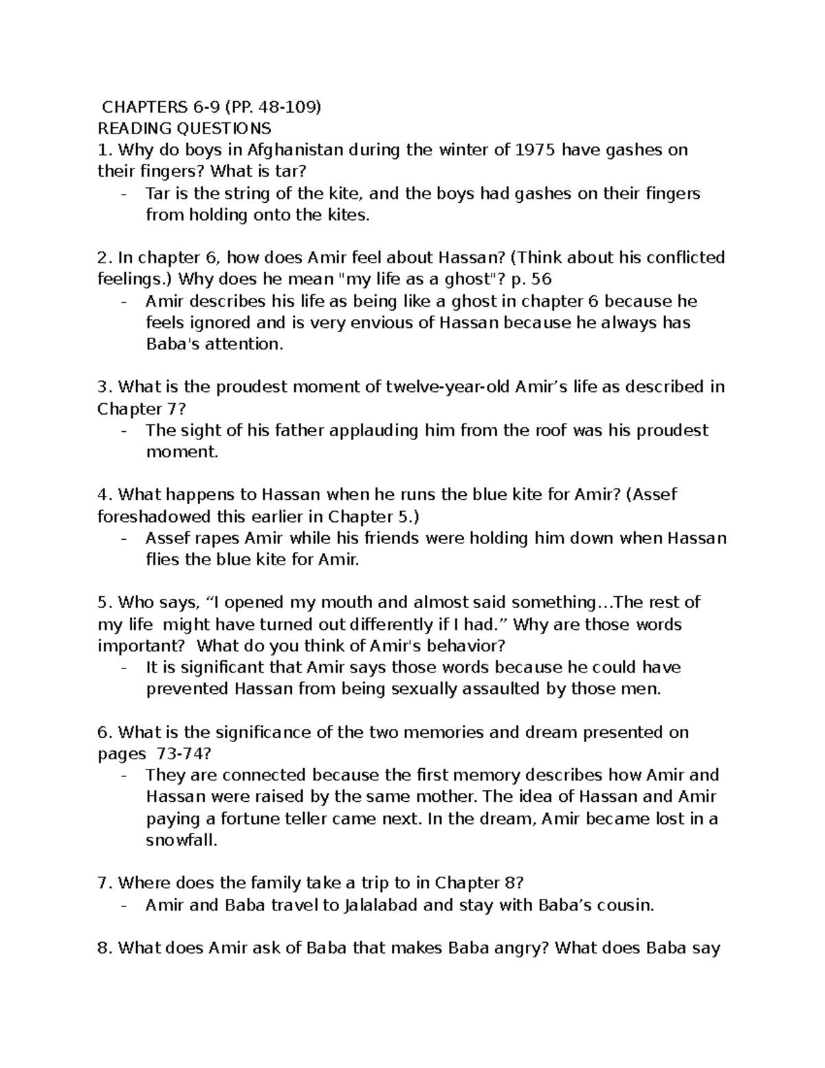 Chapters 69 The Kite Runner CHAPTERS 69 (PP. 48109) READING