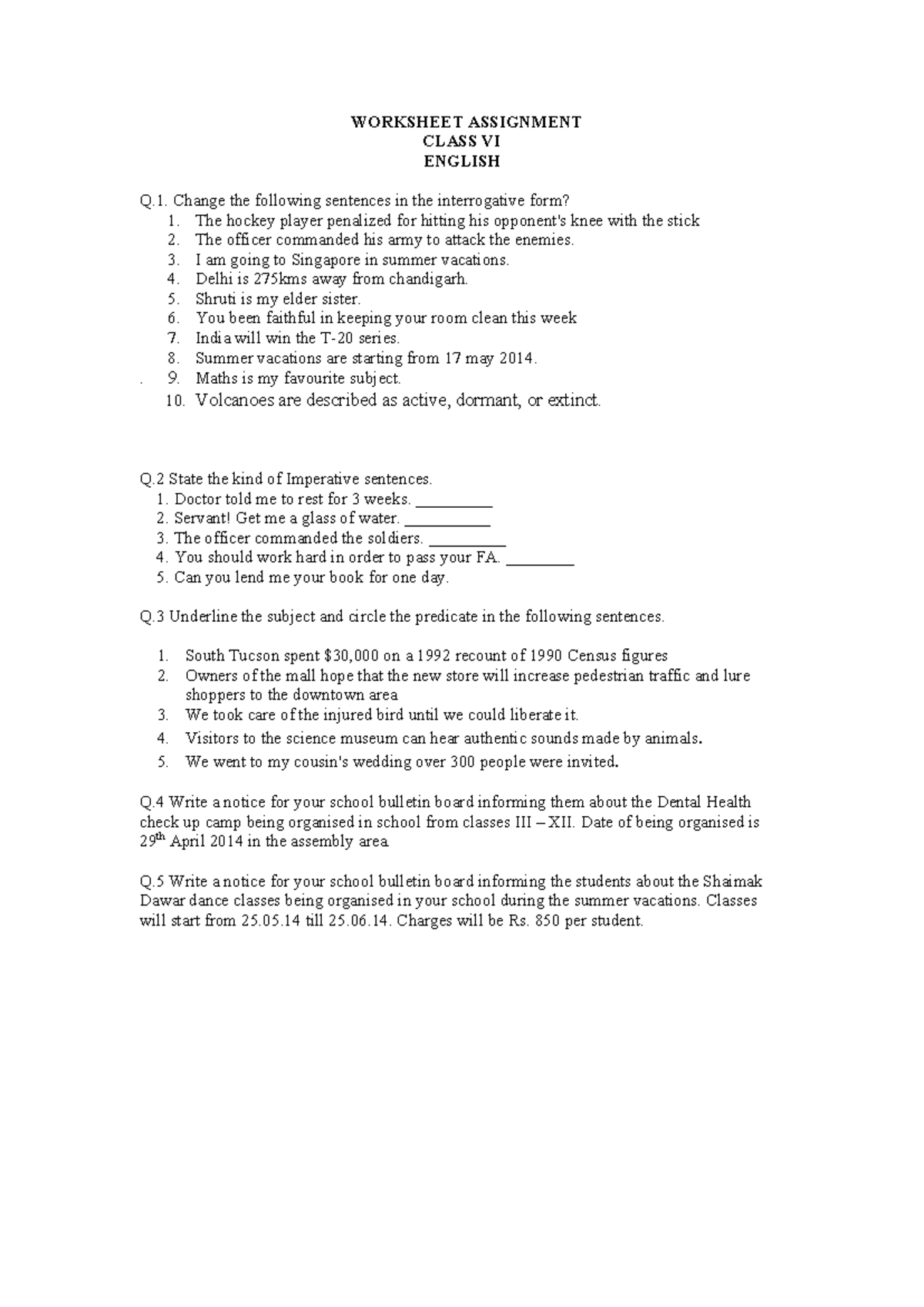 CBSE Class 6 English - Revision - WORKSHEET ASSIGNMENT CLASS VI ENGLISH ...