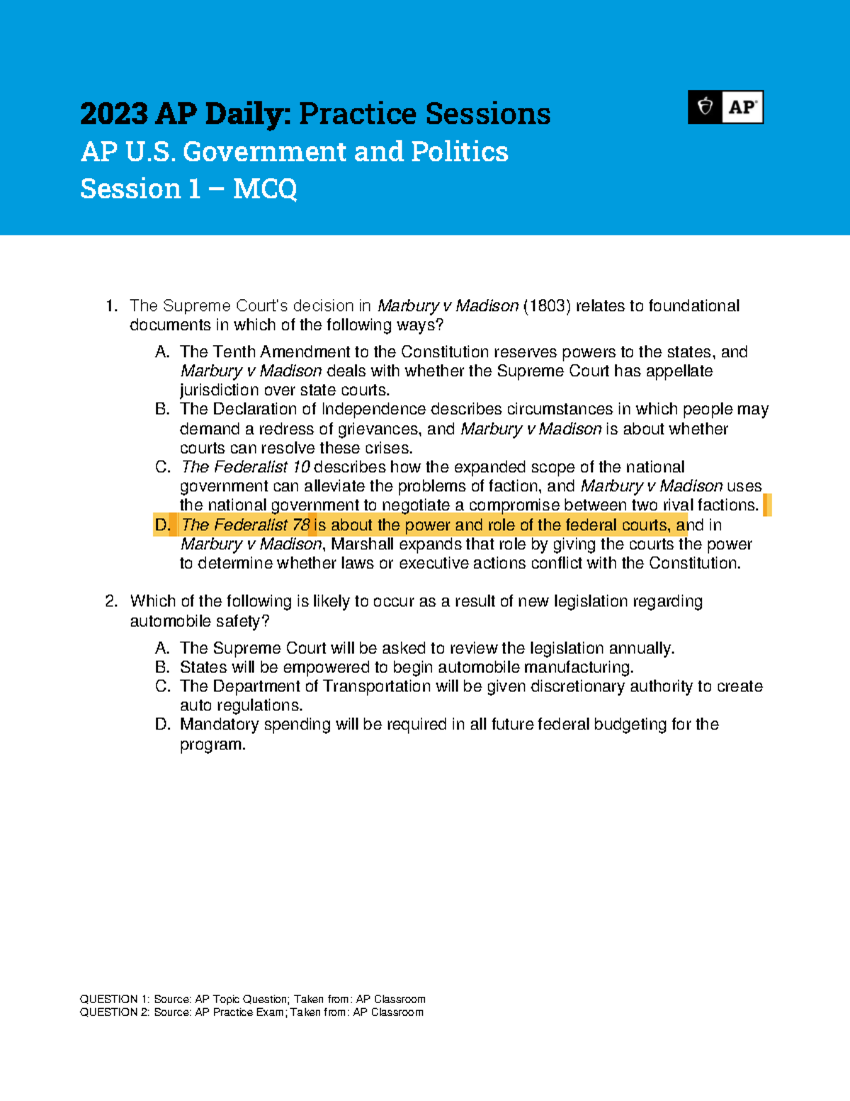 Session 1 U S Government and Politics 2023 AP Daily Practice Sessions