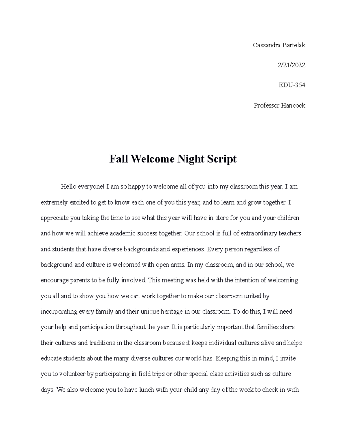 Fall Welcome Night Script - Cassandra Bartelak 2/21/ EDU- Professor ...
