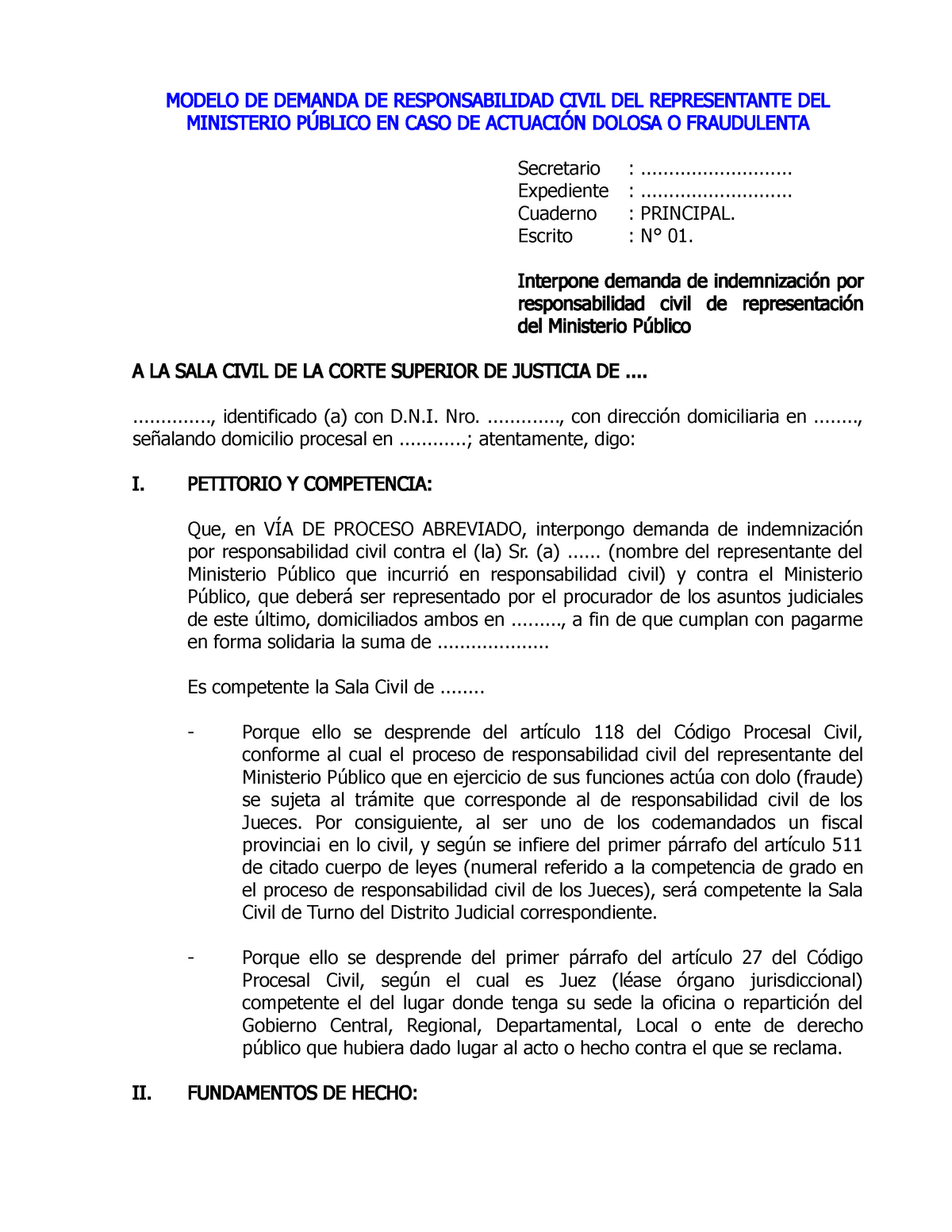 Demanda DE Responsabilidad Civil DEL Representante DEL Ministerio Público  EN CASO DE Actuación - Studocu